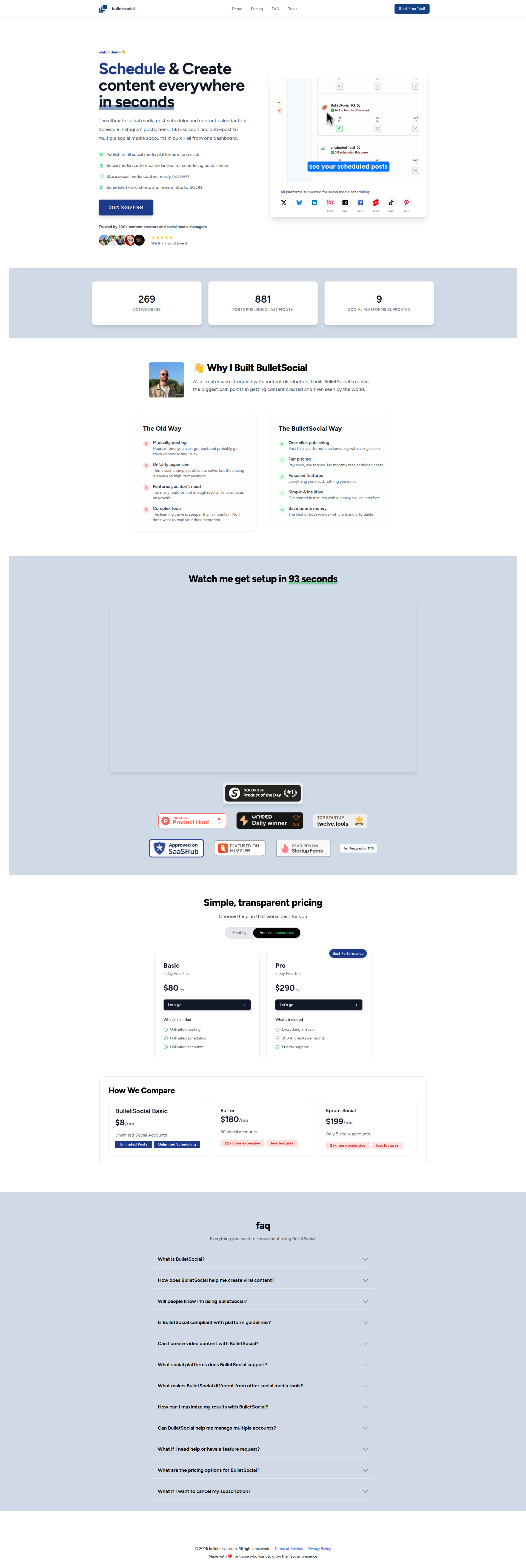 Landing page screenshot for bulletsocial.com, 1920 by 5720 pixels