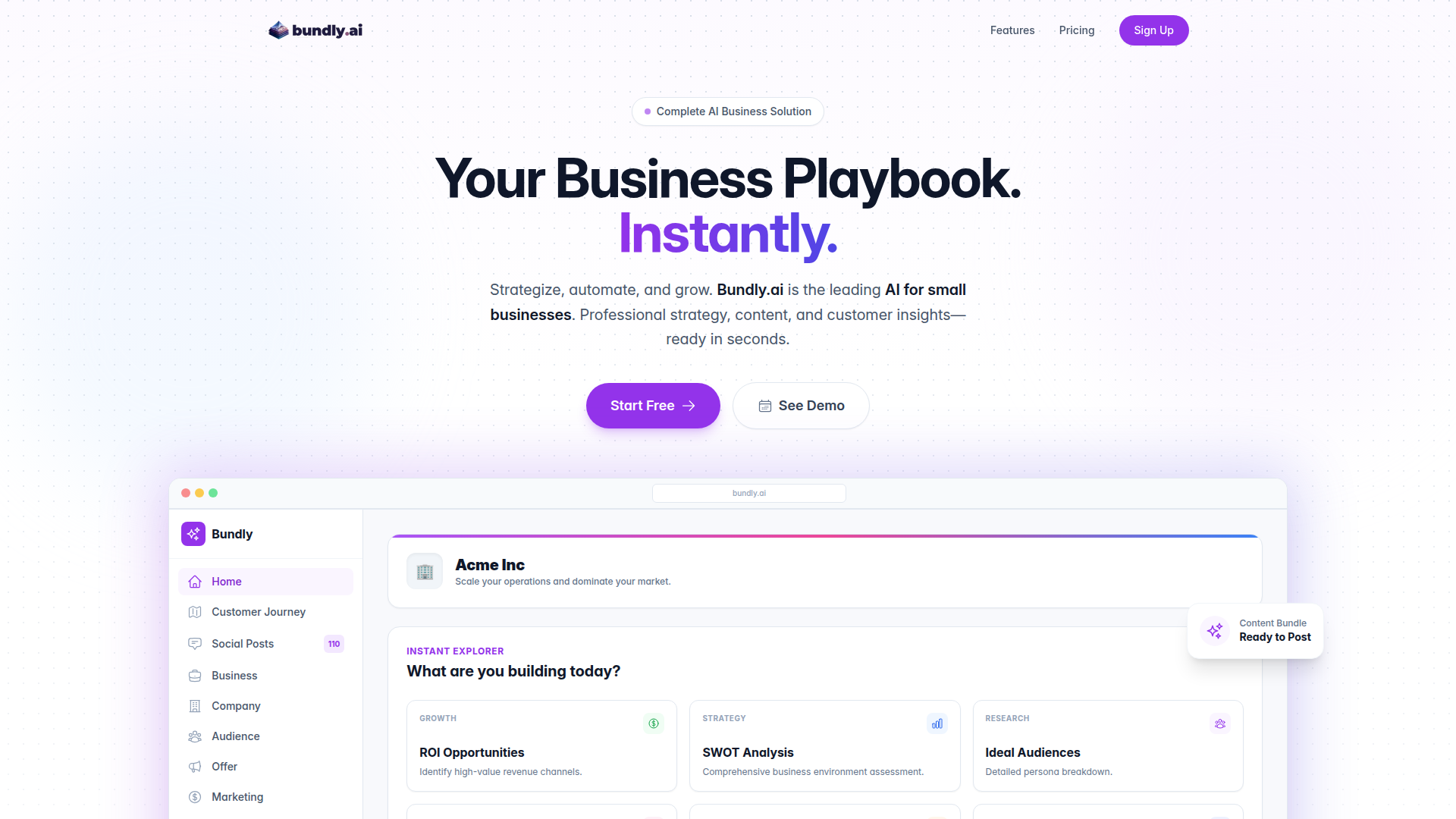 Landing page screenshot for bundly.ai, 1920 by 1080 pixels