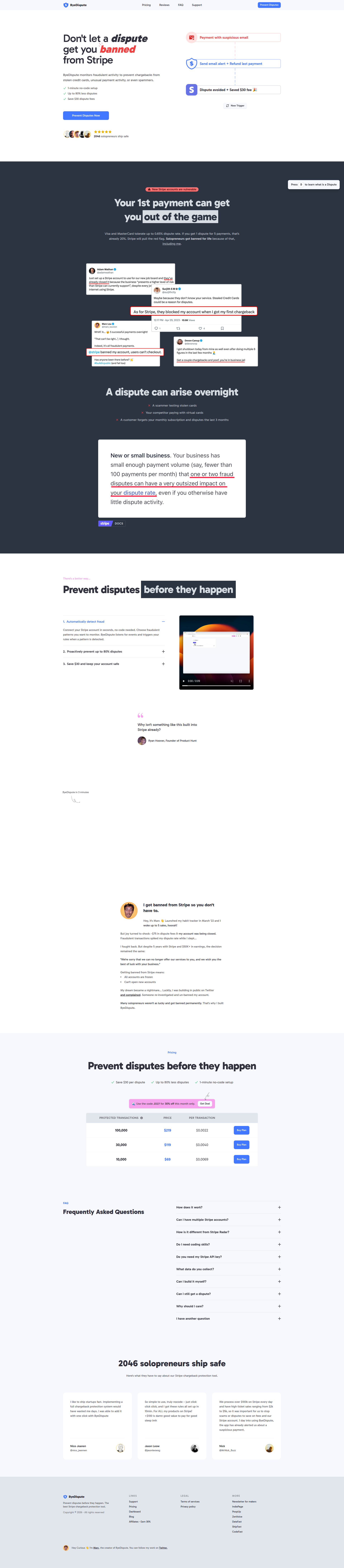 Landing page screenshot for byedispute.com, 1920 by 8751 pixels