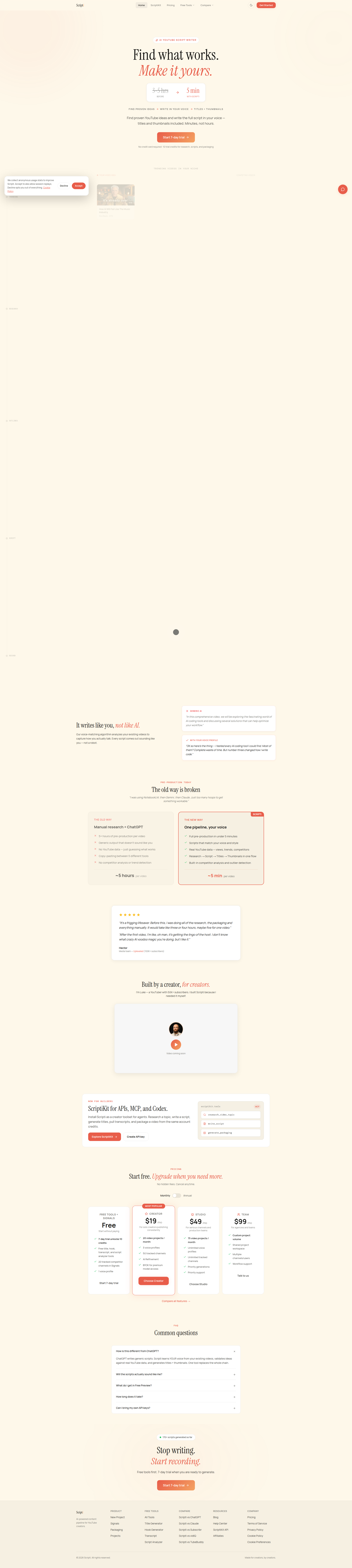 Landing page screenshot for scripti.ai, 1920 by 8530 pixels