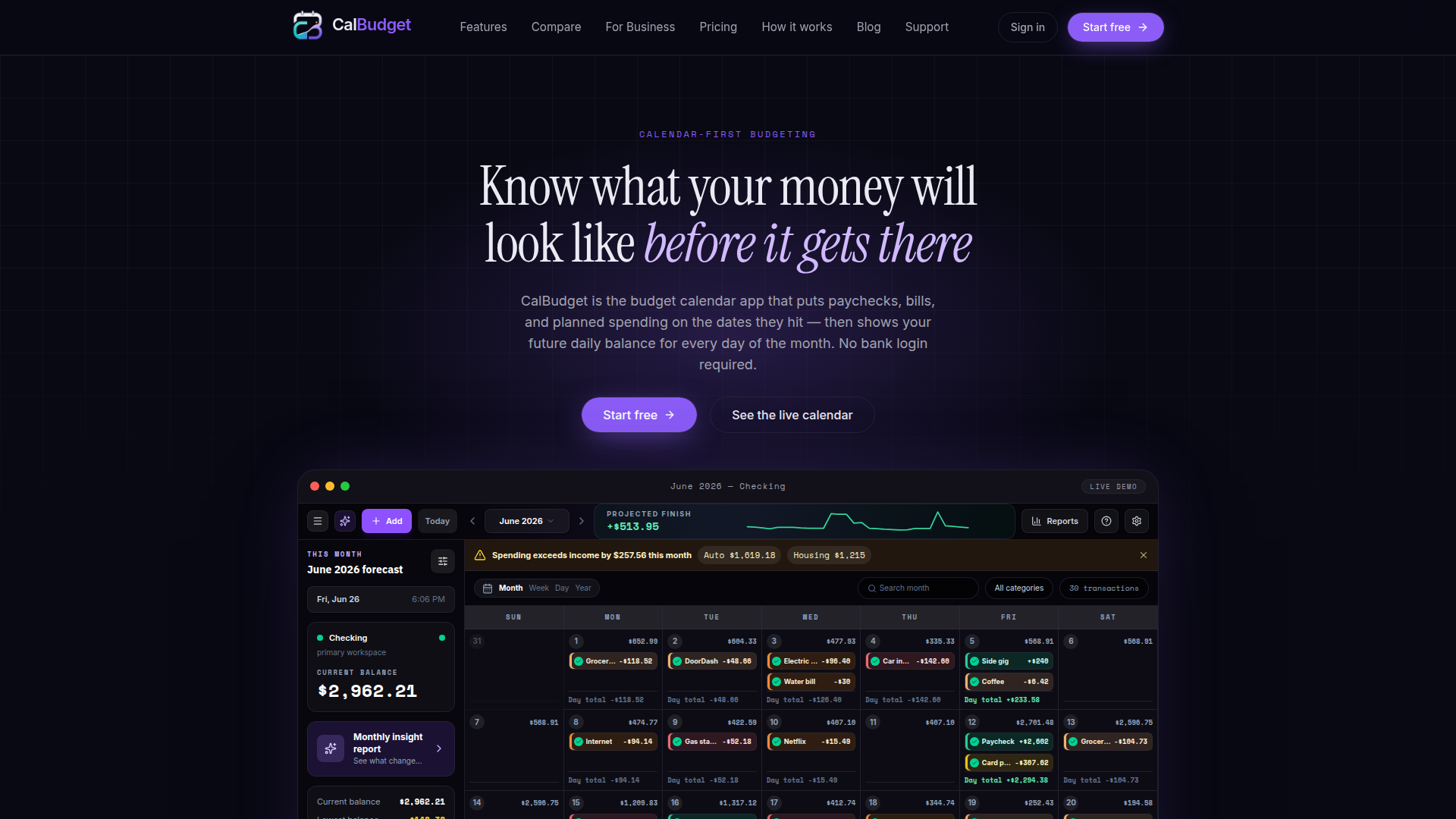 Landing page screenshot for calbudget.com, 1920 by 1080 pixels