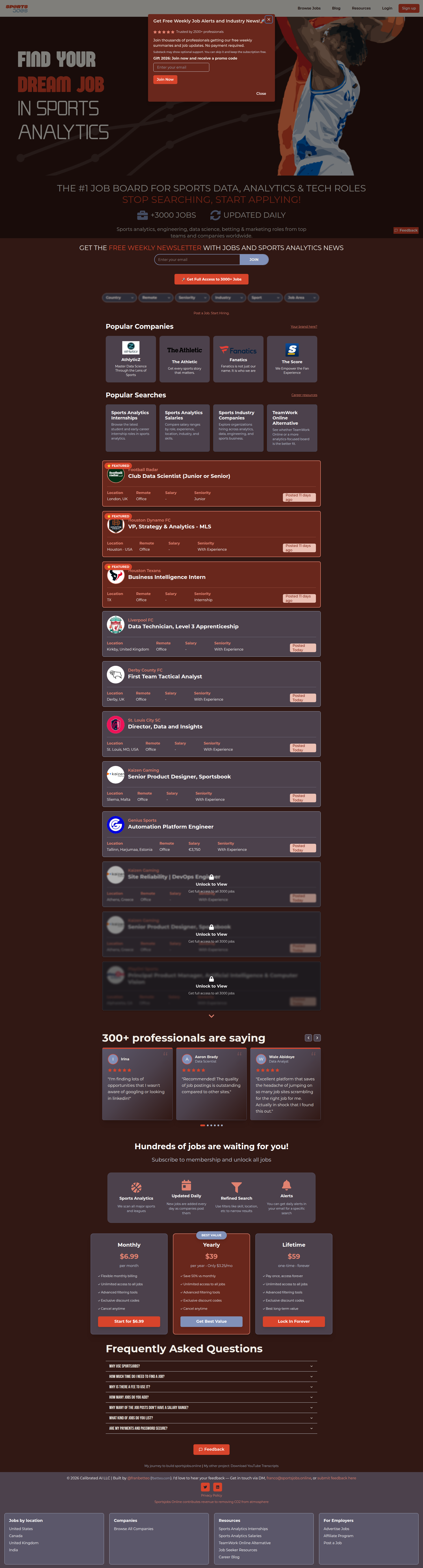 Landing page screenshot for sportsjobs.online, 1920 by 7110 pixels