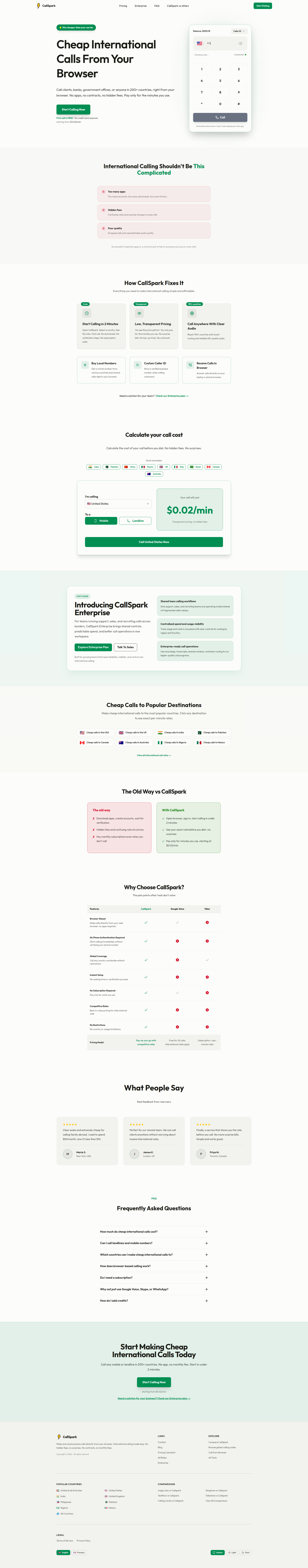 Landing page screenshot for callspark.app, 1920 by 9749 pixels