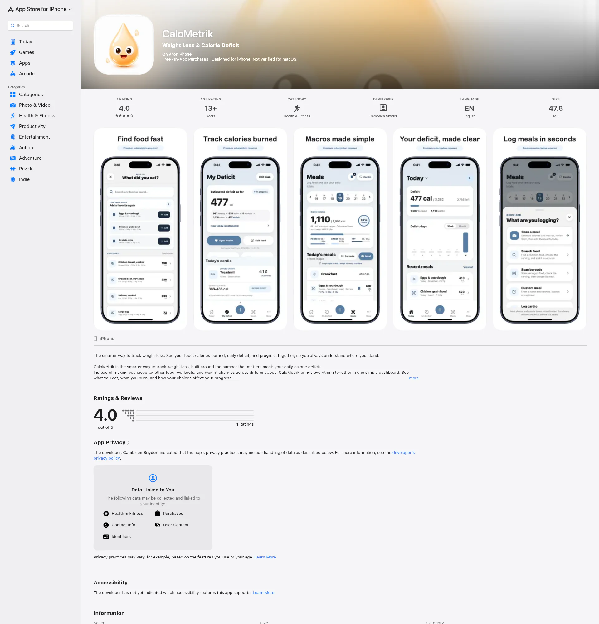 CaloMetrik landing page