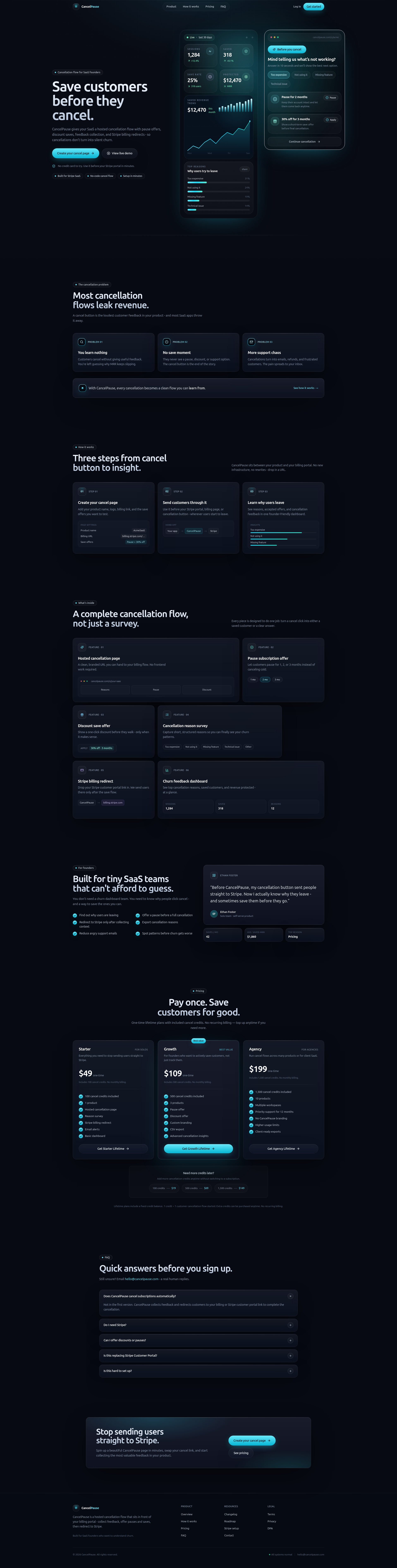 Landing page screenshot for cancelpause.com, 1920 by 7580 pixels
