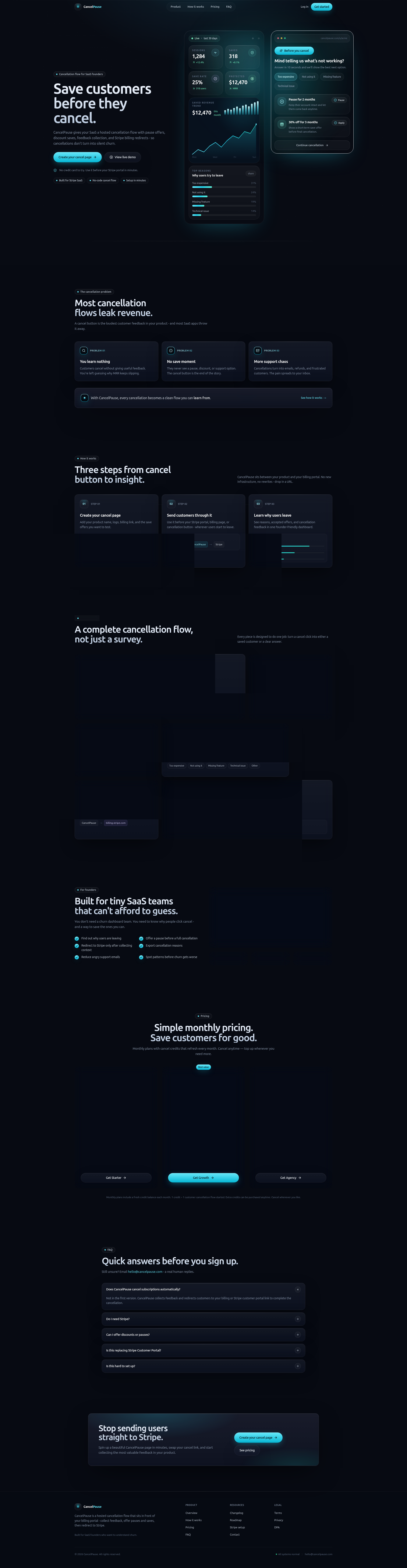 Landing page screenshot for cancelpause.com, 1920 by 7393 pixels