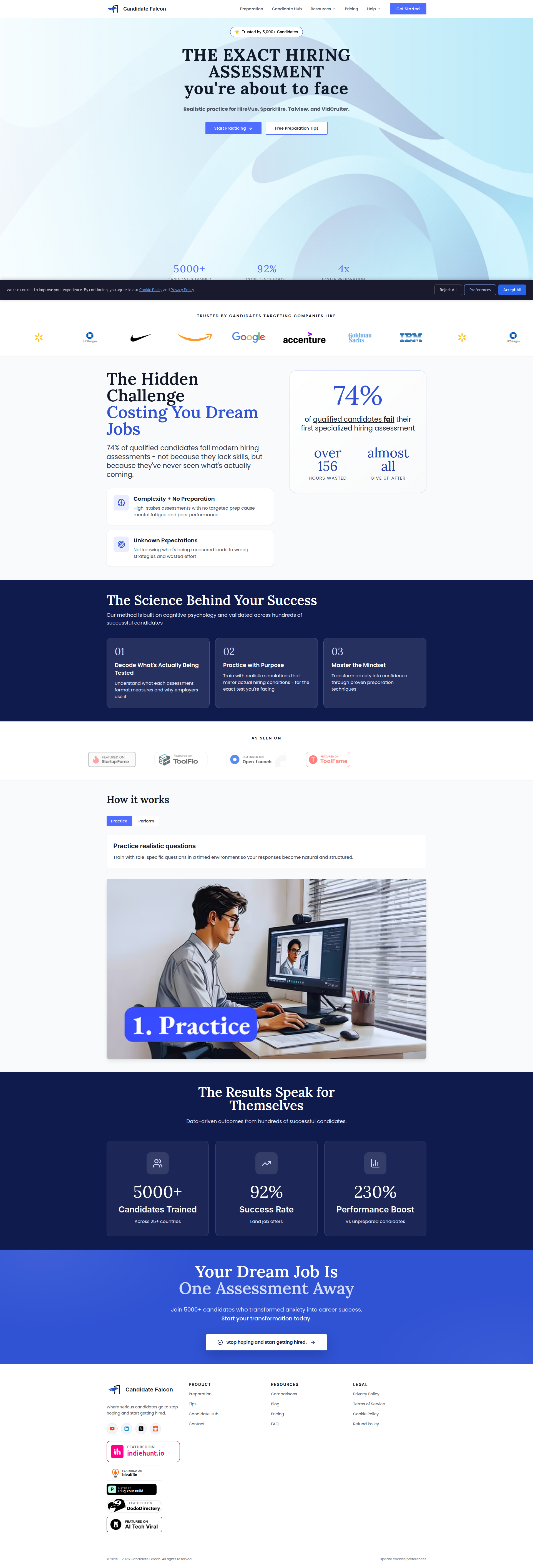 Landing page screenshot for candidatefalcon.com, 1920 by 5649 pixels