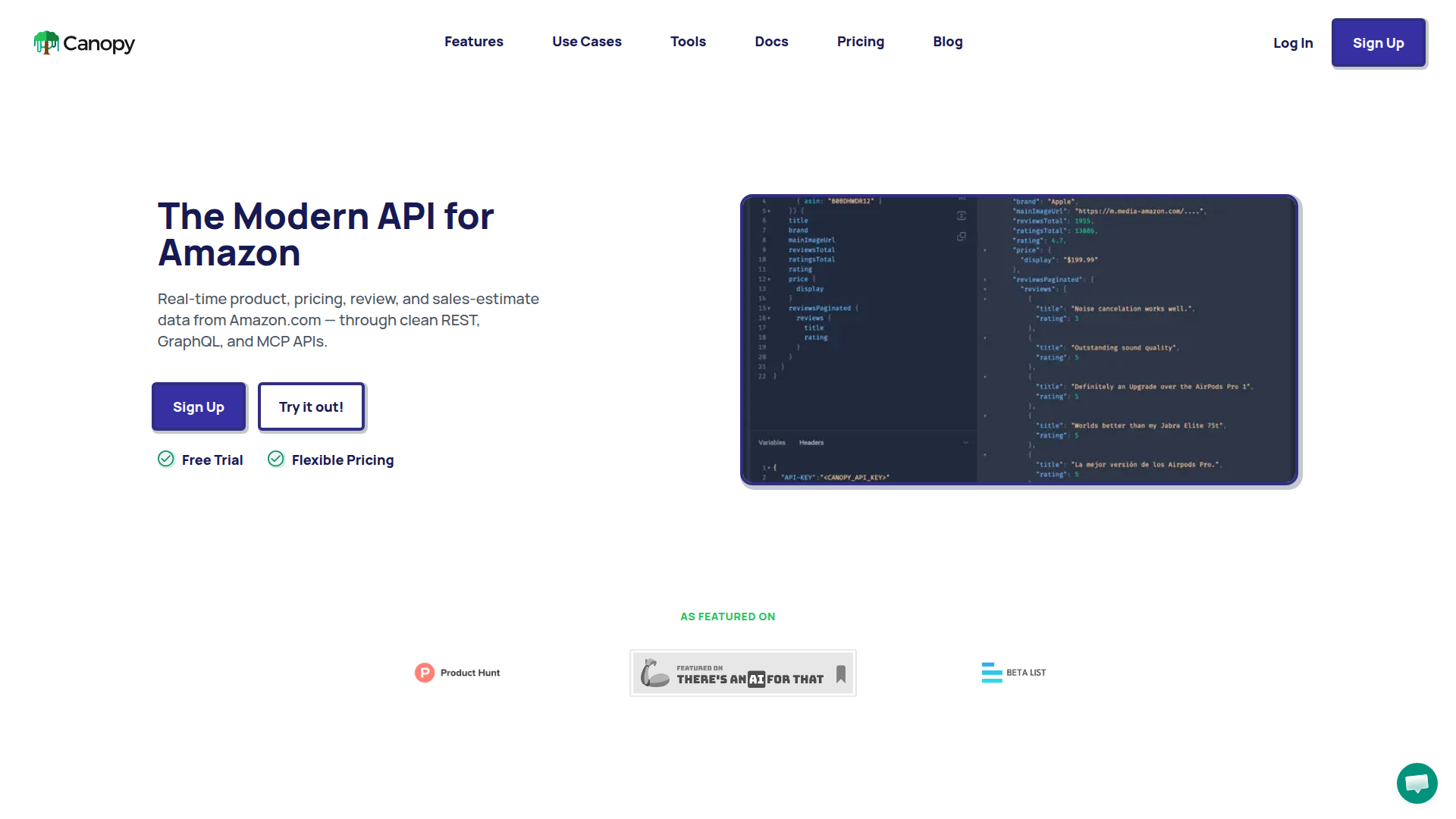 Landing page screenshot for canopyapi.co, 1920 by 1080 pixels