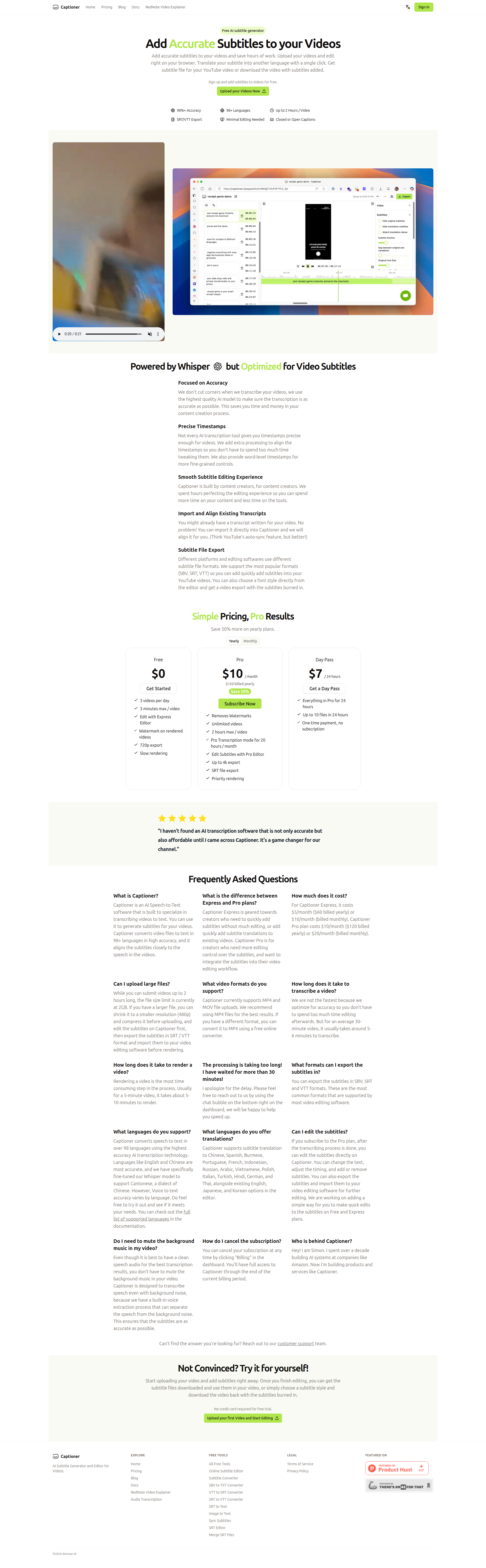 Landing page screenshot for captioner.io, 1920 by 6193 pixels