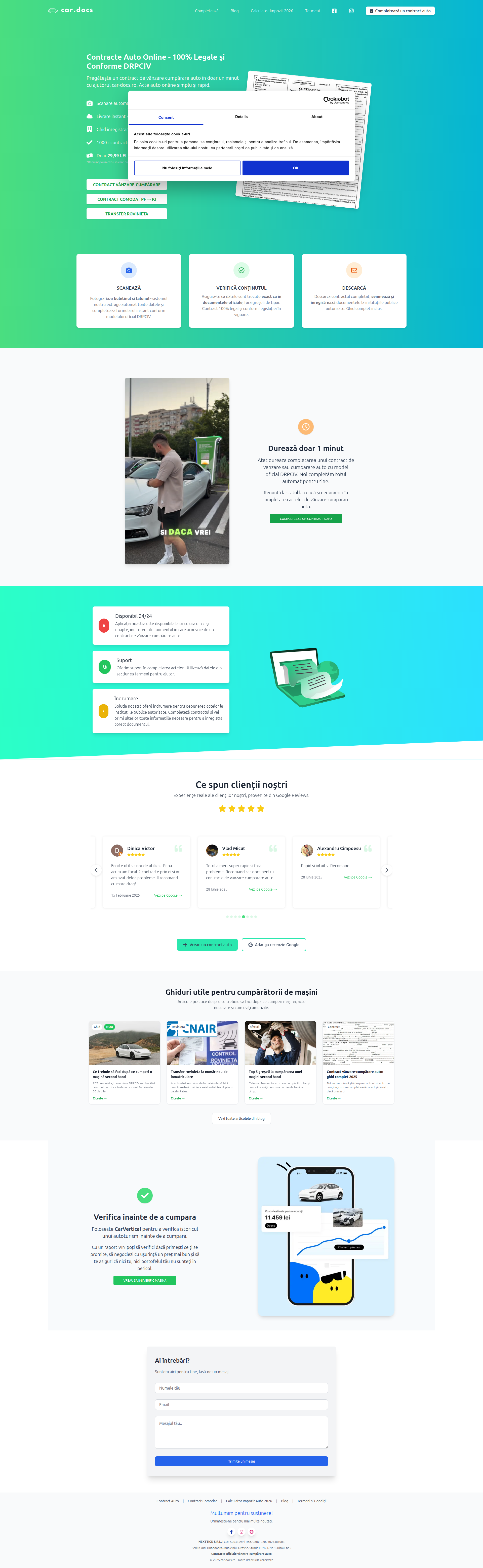 Landing page screenshot for car-docs.ro, 1920 by 6231 pixels