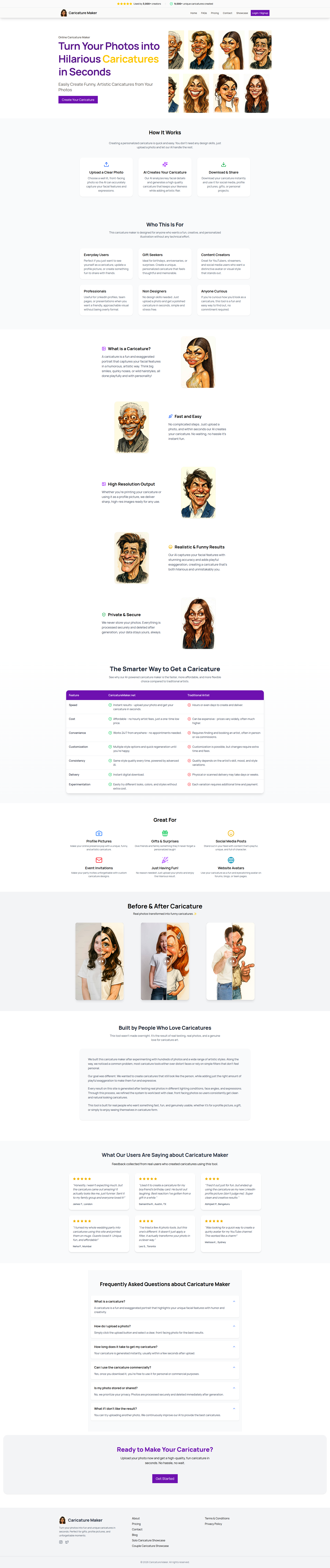 Landing page screenshot for caricaturemaker.net, 1920 by 9126 pixels