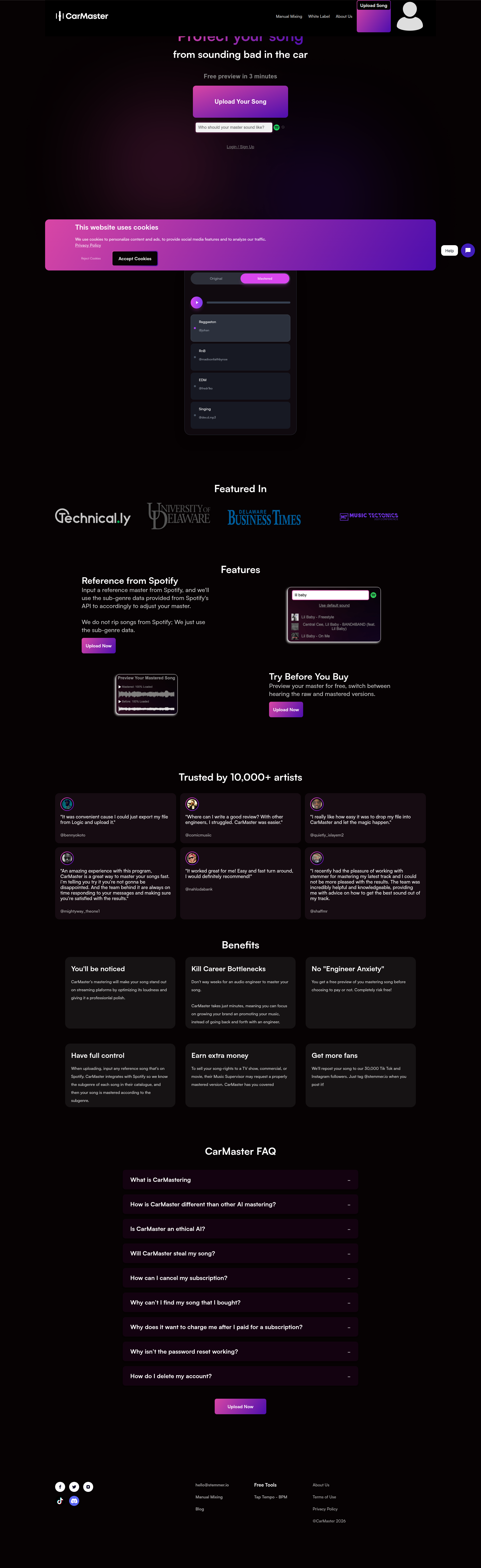 Landing page screenshot for carmaster.io, 1920 by 6261 pixels