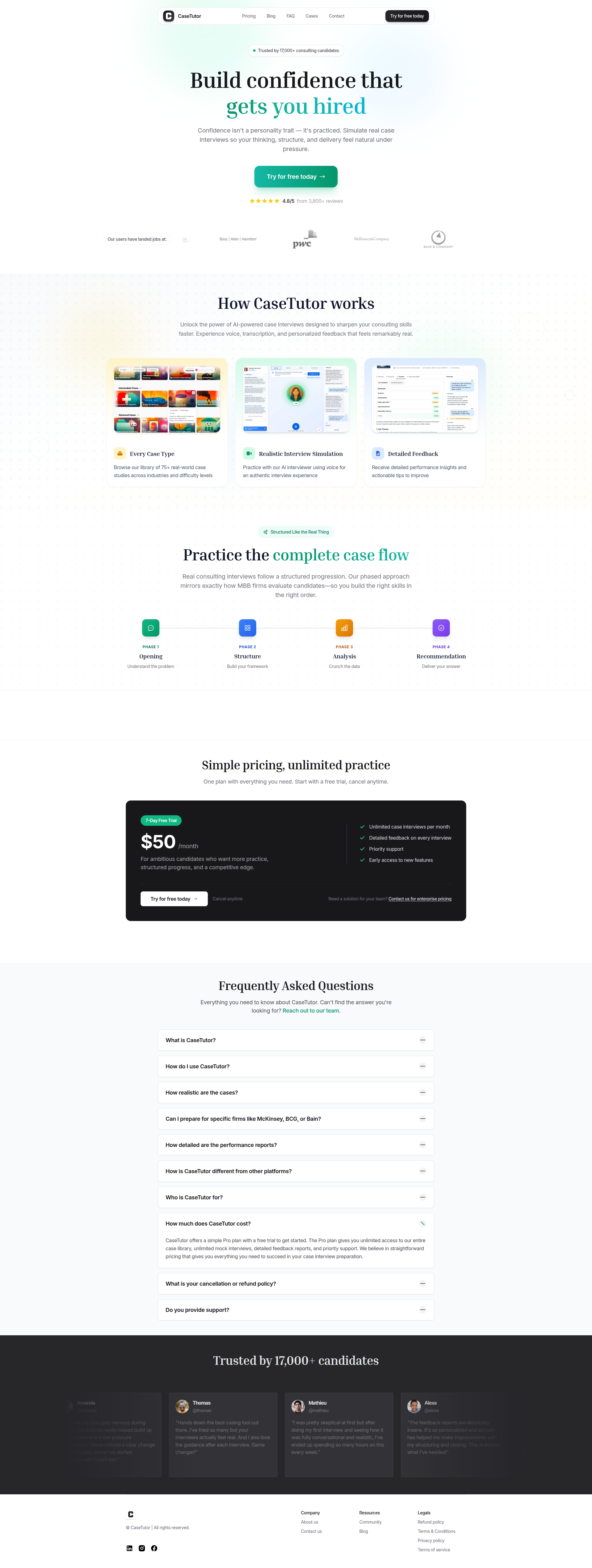 Landing page screenshot for casetutor.com, 1920 by 5087 pixels
