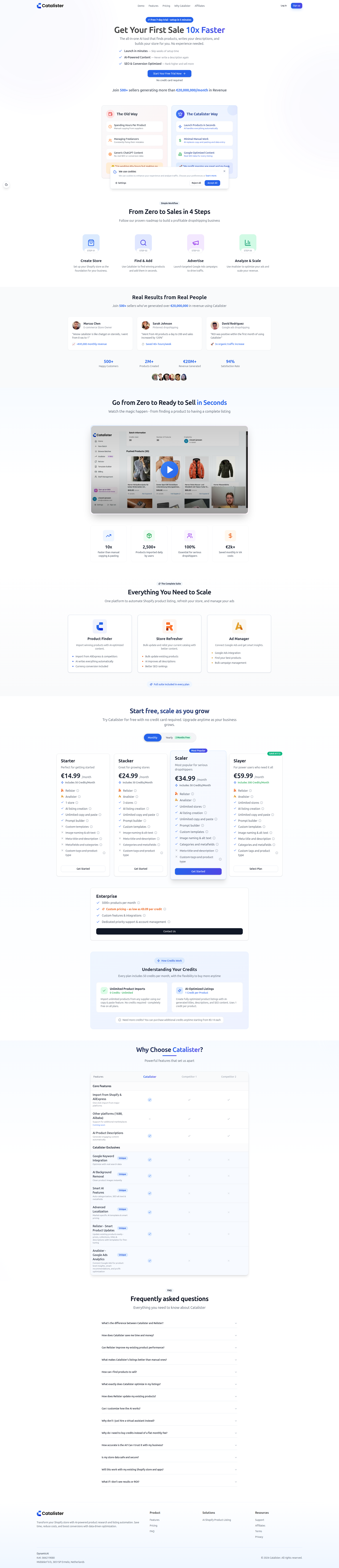 Landing page screenshot for catalister.com, 1920 by 8869 pixels