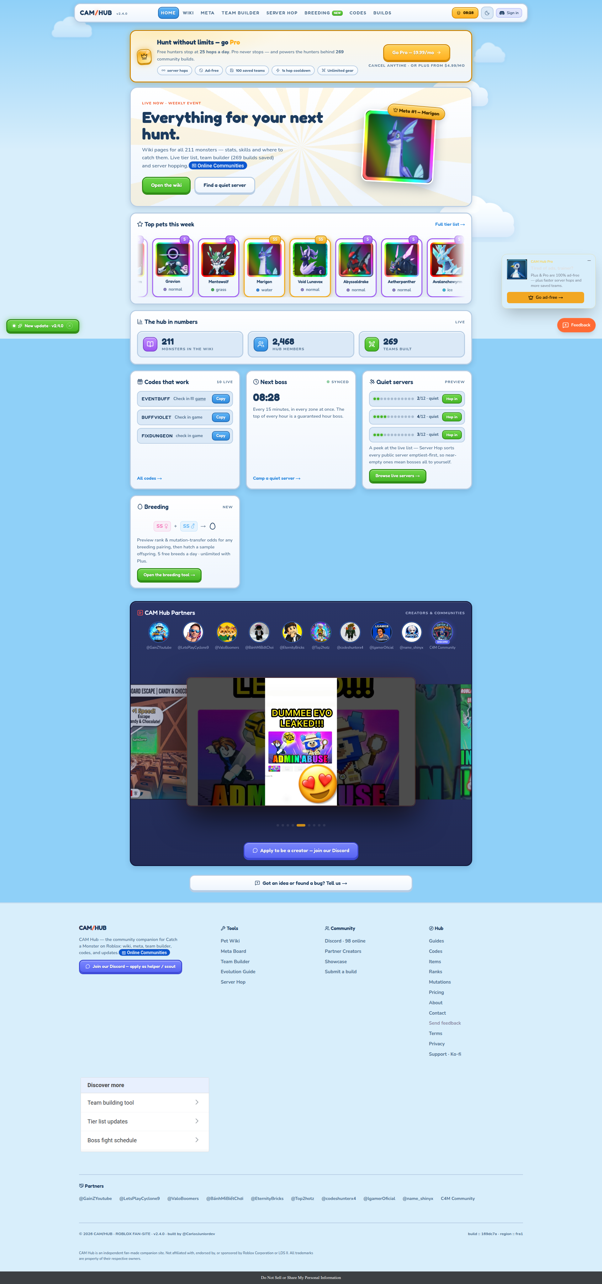 Landing page screenshot for catchamonsterhub.com, 1920 by 4095 pixels
