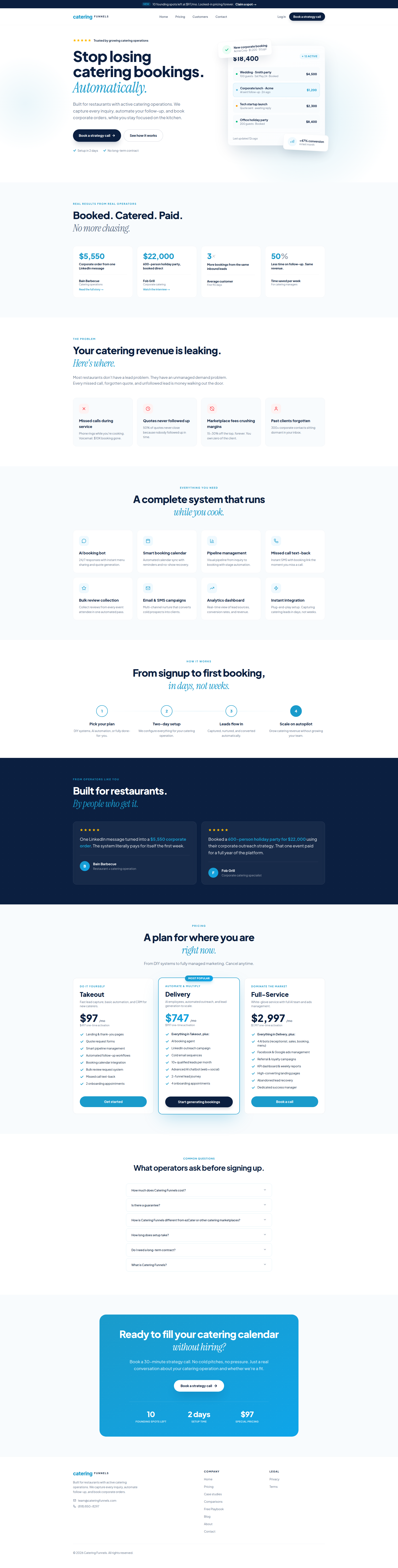 Landing page screenshot for cateringfunnels.com, 1920 by 7566 pixels