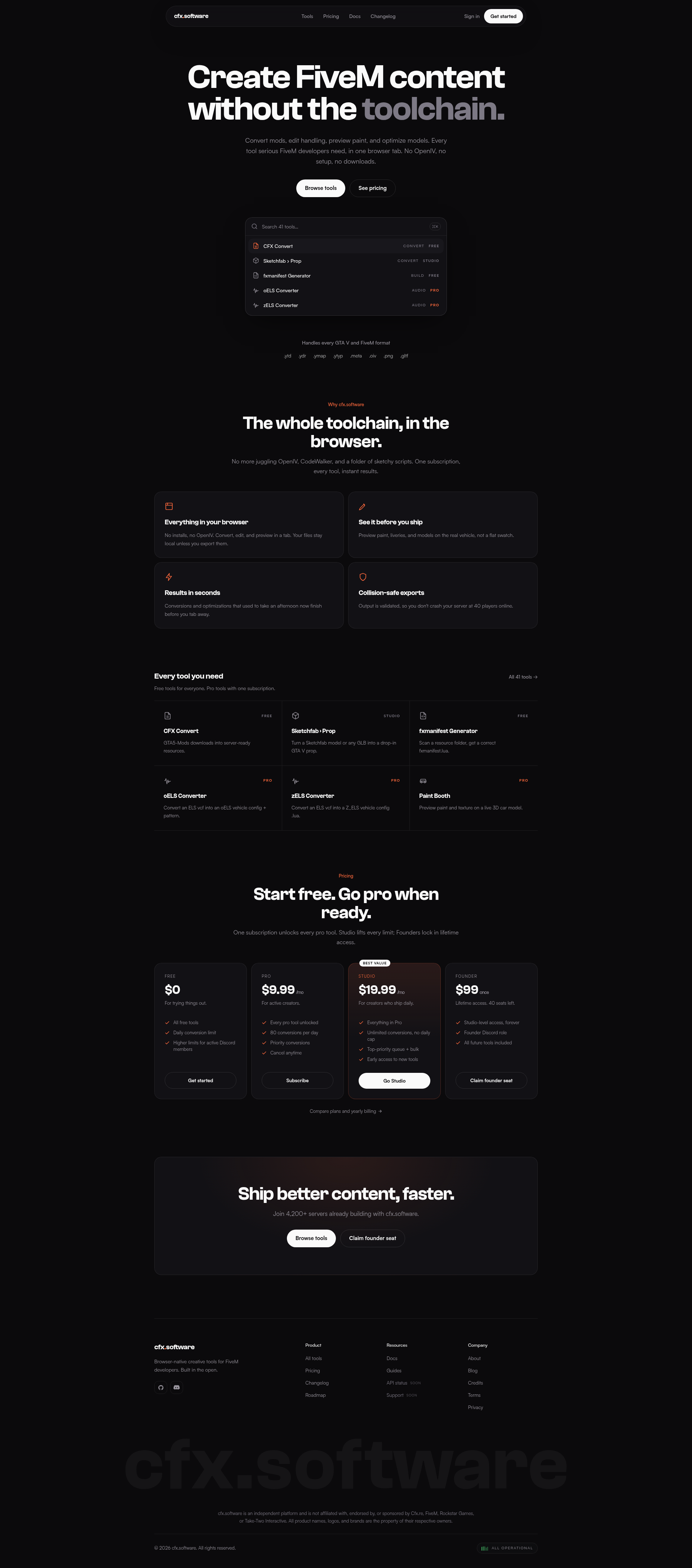 Landing page screenshot for cfx.software, 1920 by 4351 pixels