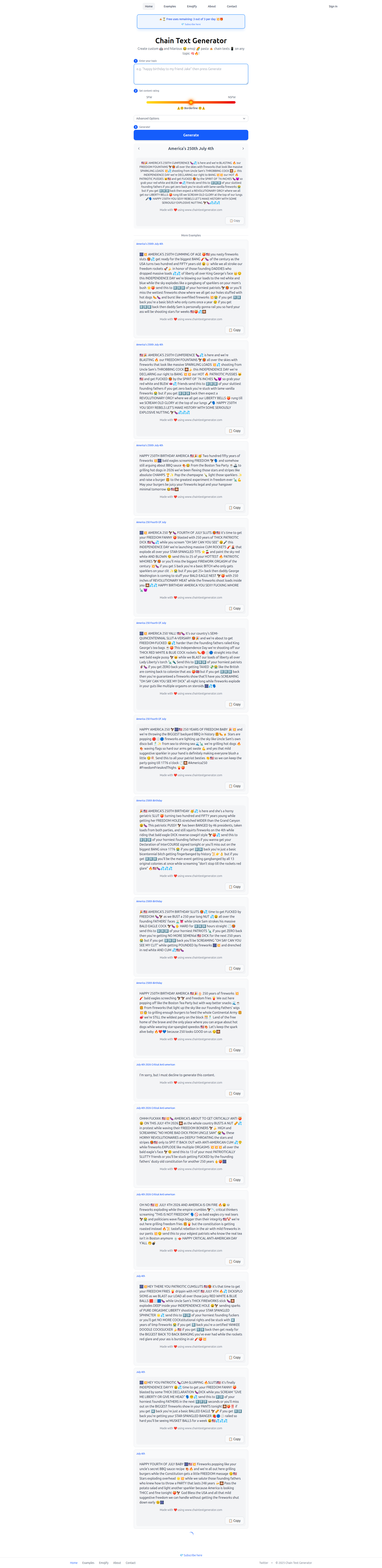 Landing page screenshot for chaintextgenerator.com, 1920 by 7875 pixels