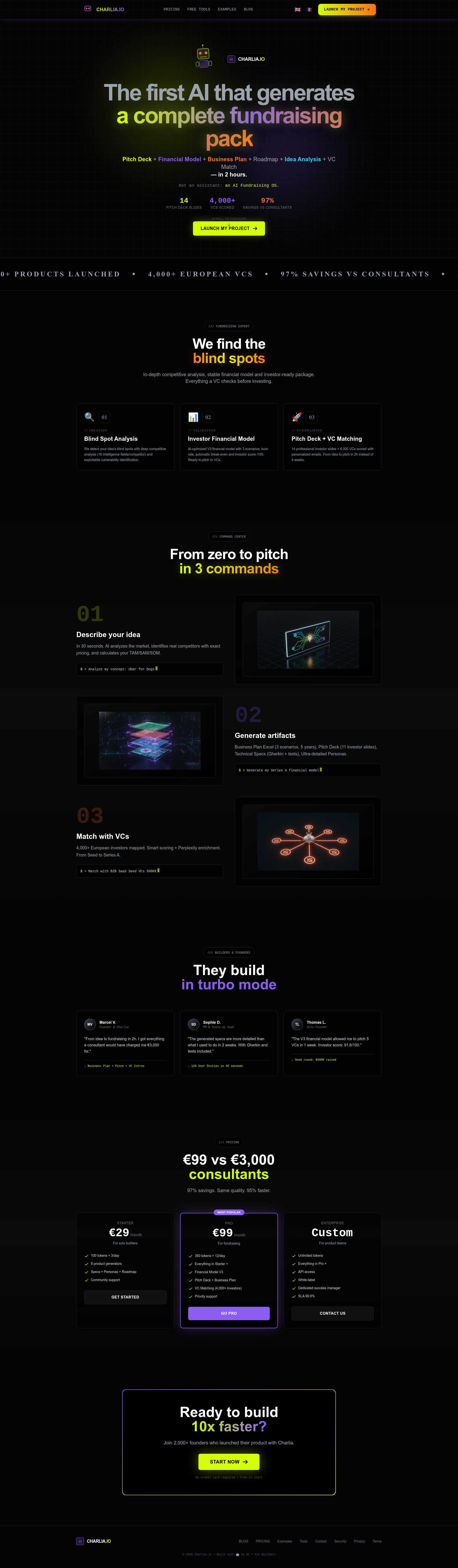Landing page screenshot for charlia.io, 1920 by 6574 pixels