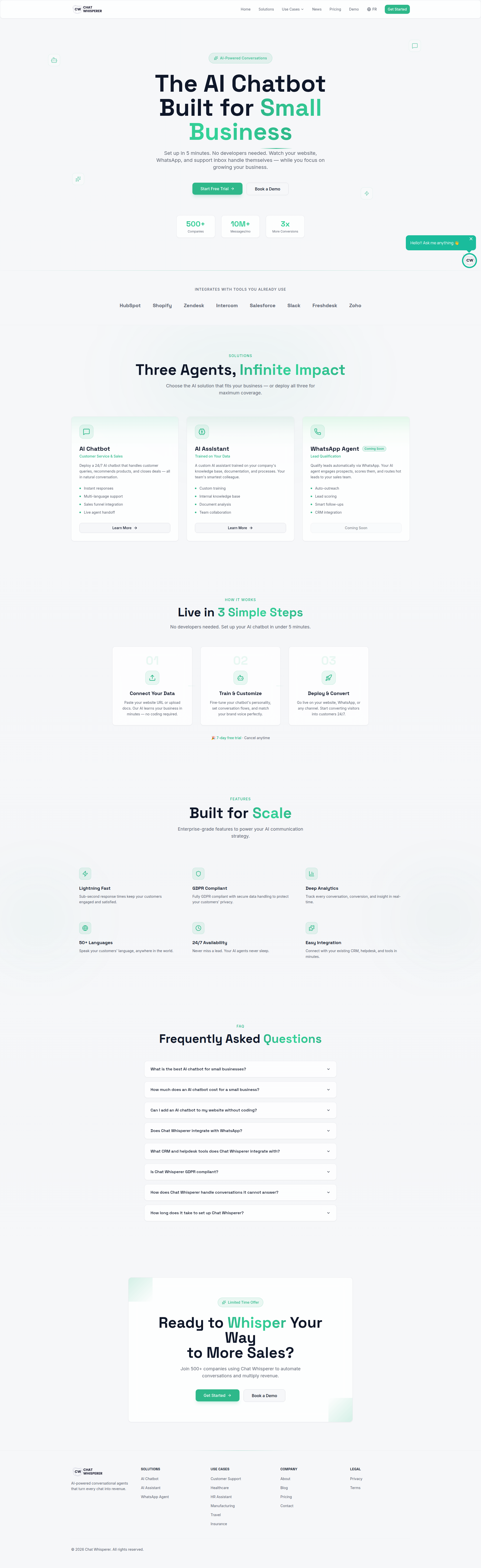 Landing page screenshot for chatwhisperer.ai, 1920 by 6258 pixels