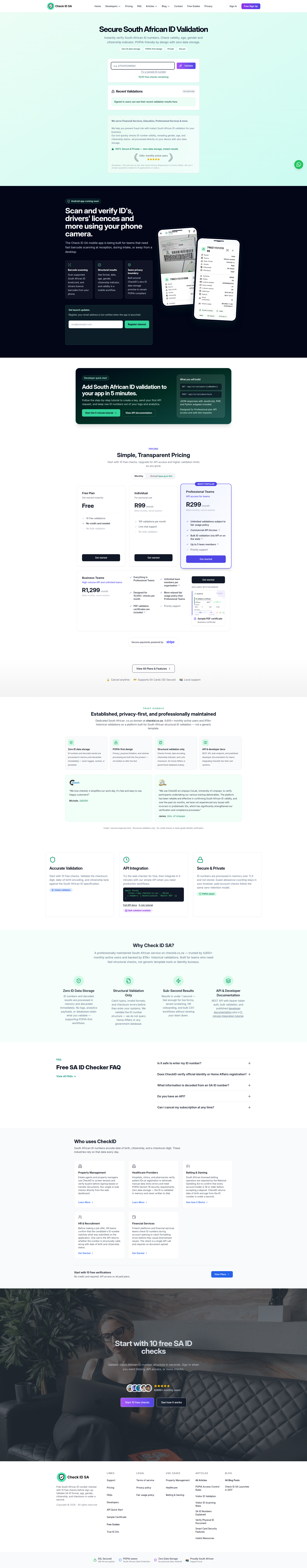 Landing page screenshot for checkid.co.za, 1920 by 9798 pixels