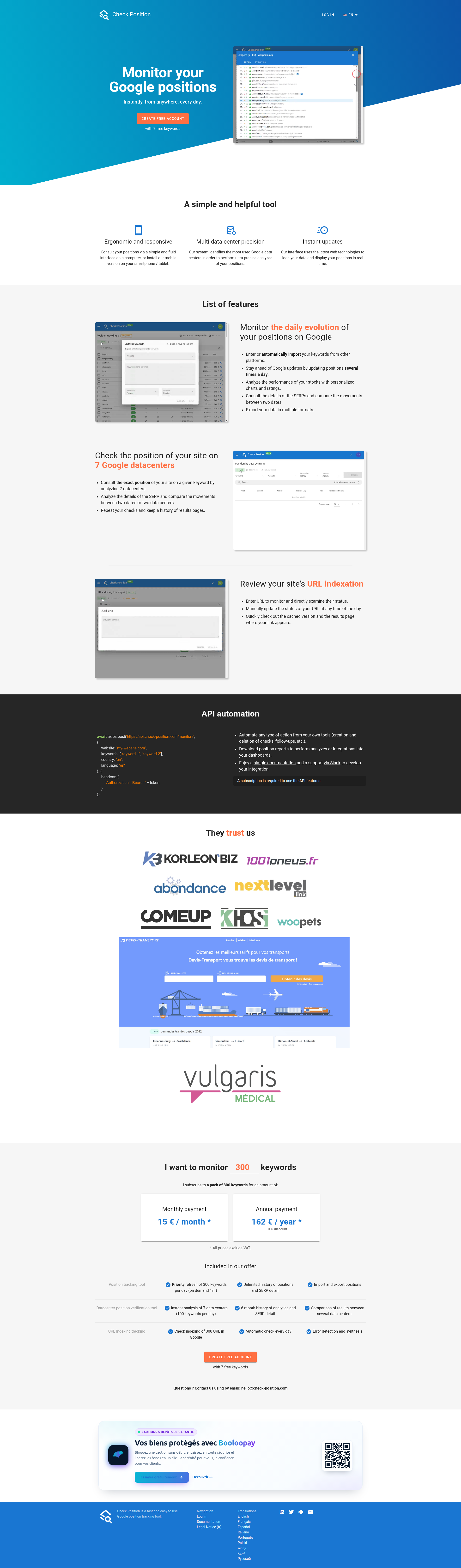 Landing page screenshot for check-position.com, 1920 by 6528 pixels