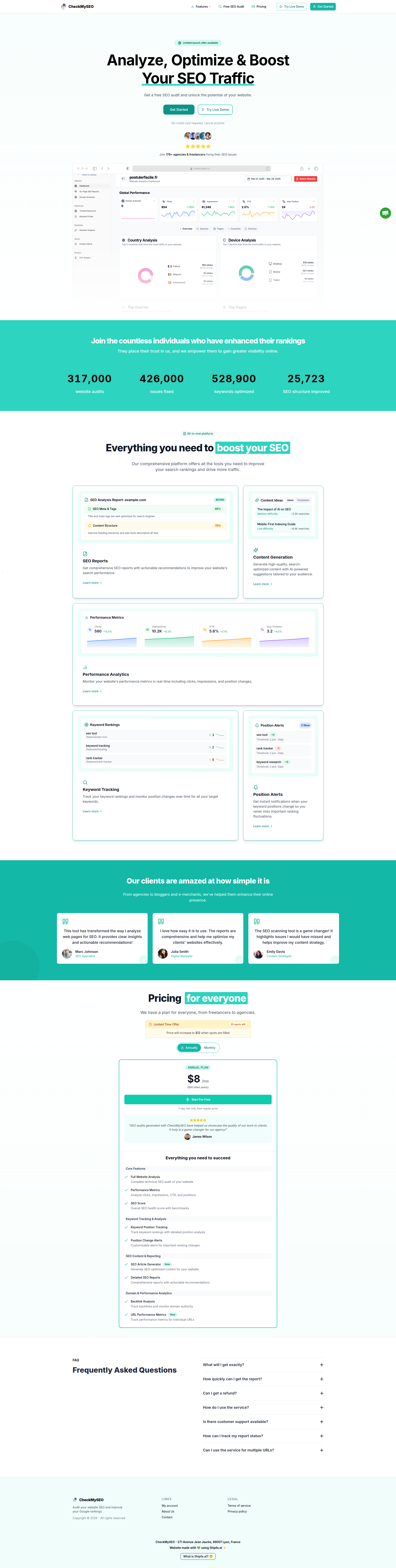 Landing page screenshot for checkmyseo.io, 1920 by 7601 pixels