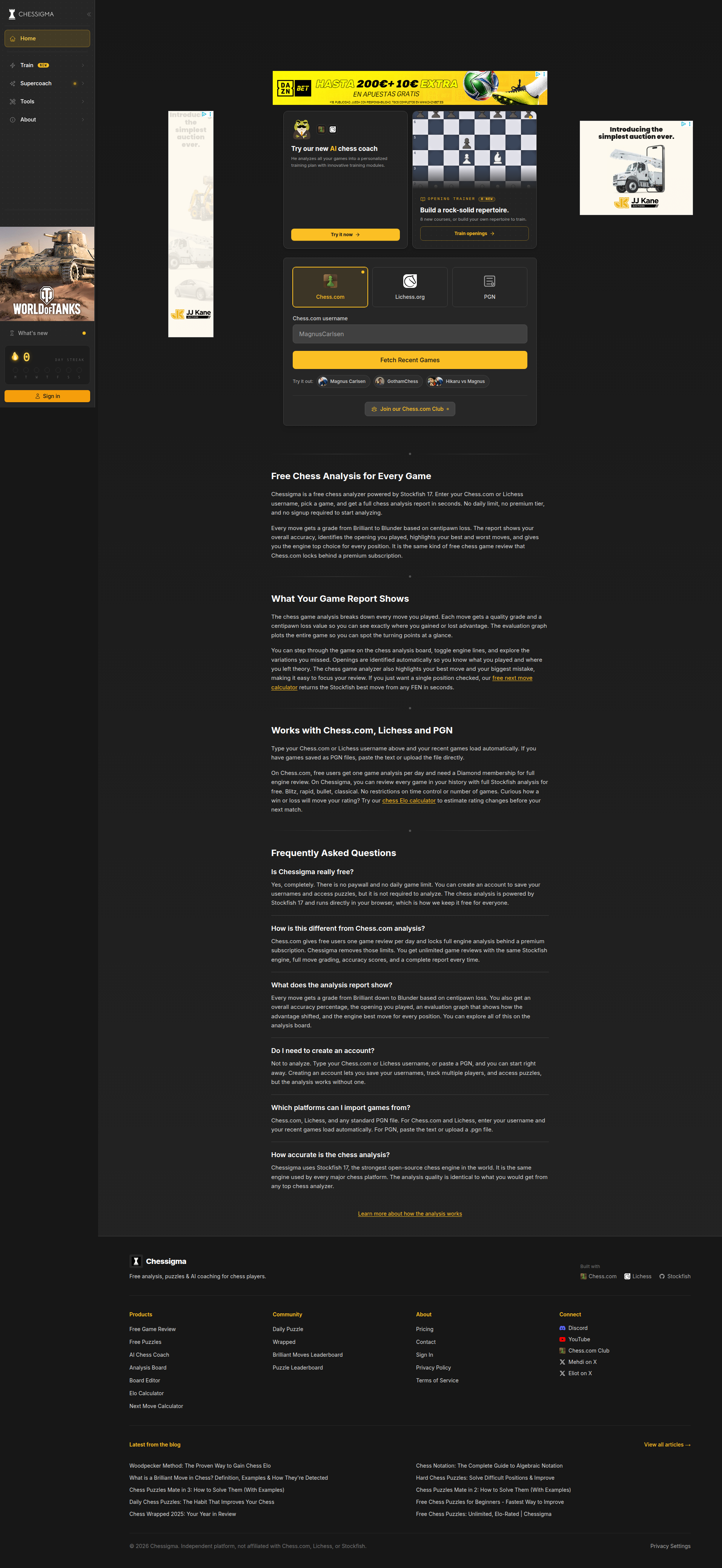 Landing page screenshot for chessigma.com, 1914 by 4156 pixels
