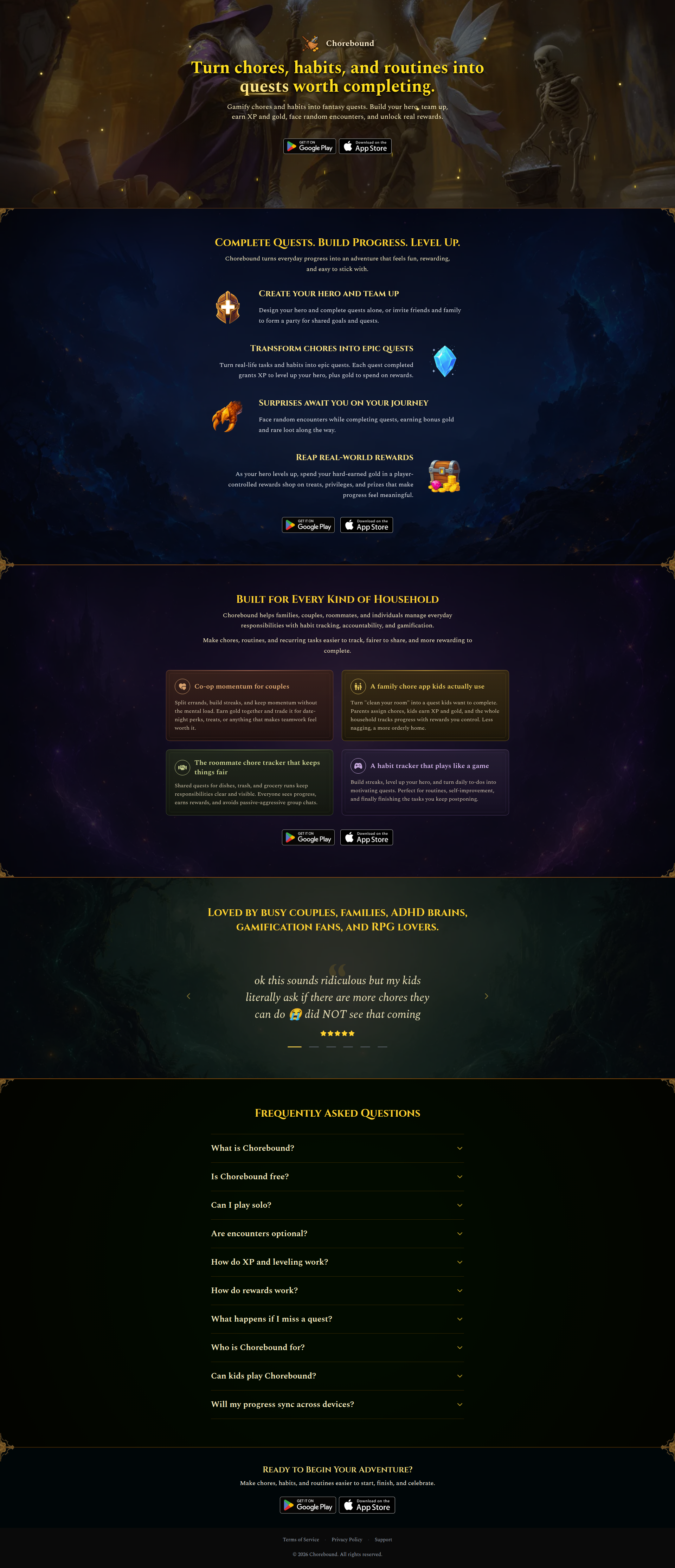 Landing page screenshot for chorebound.com, 1920 by 4461 pixels