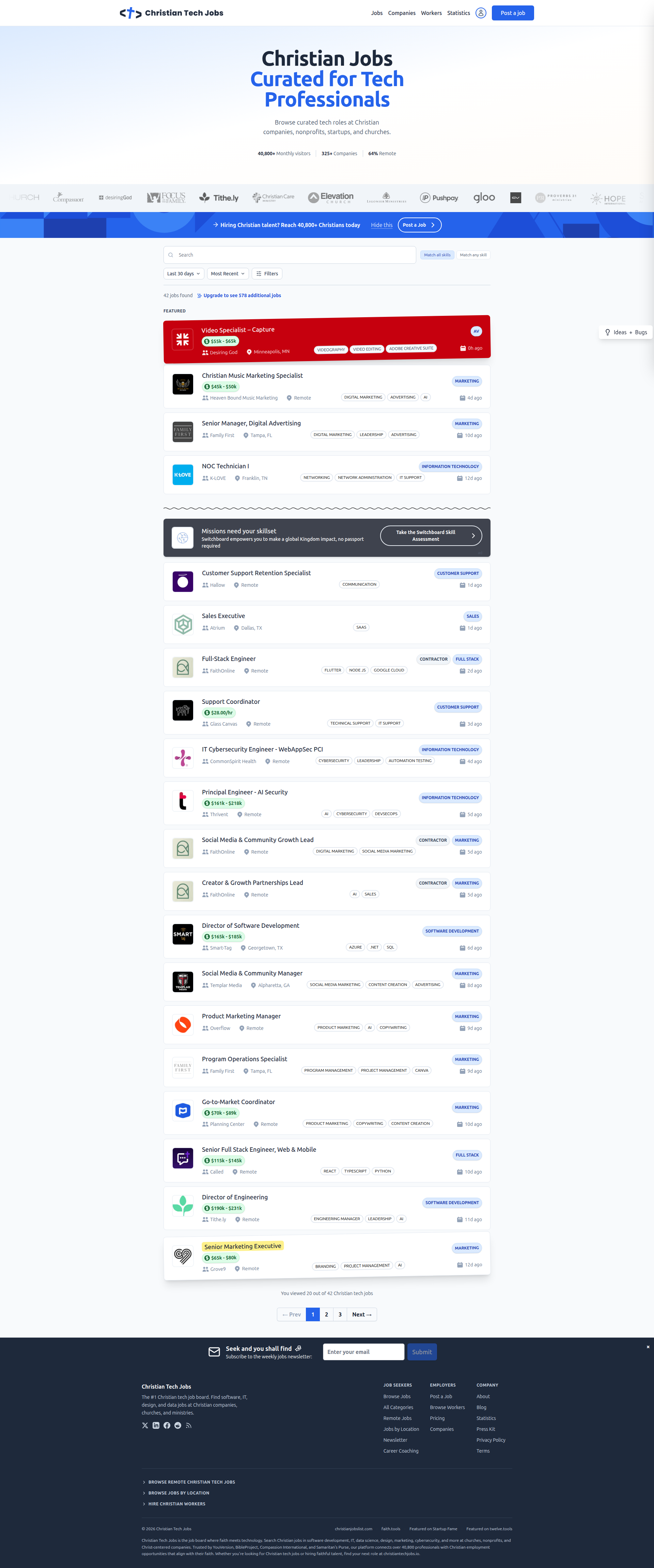 Landing page screenshot for christiantechjobs.io, 1920 by 4607 pixels