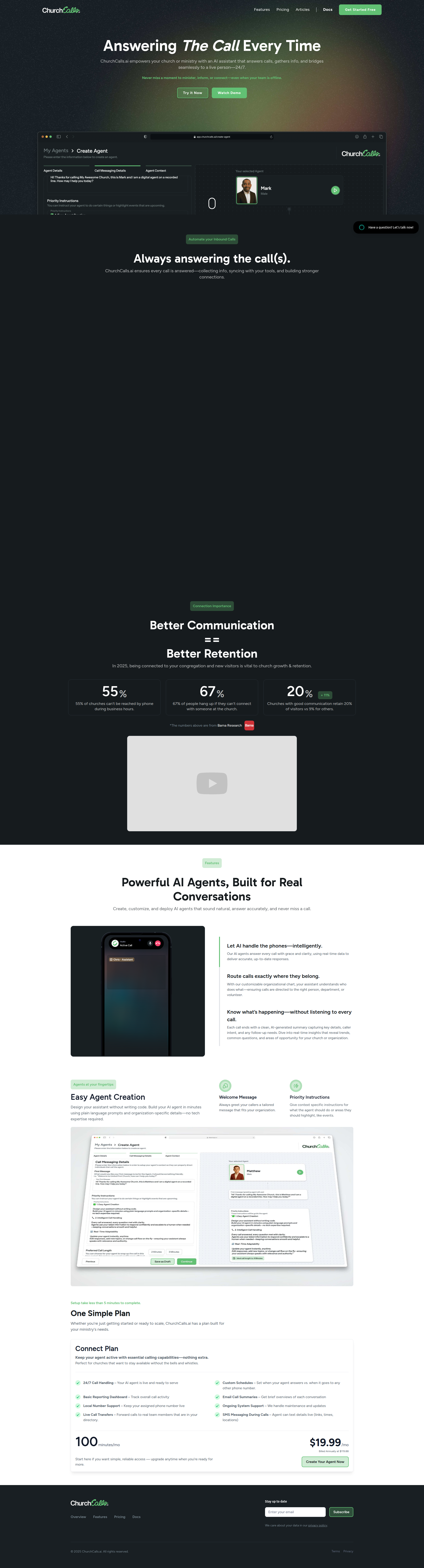 Landing page screenshot for churchcalls.ai, 1920 by 7089 pixels