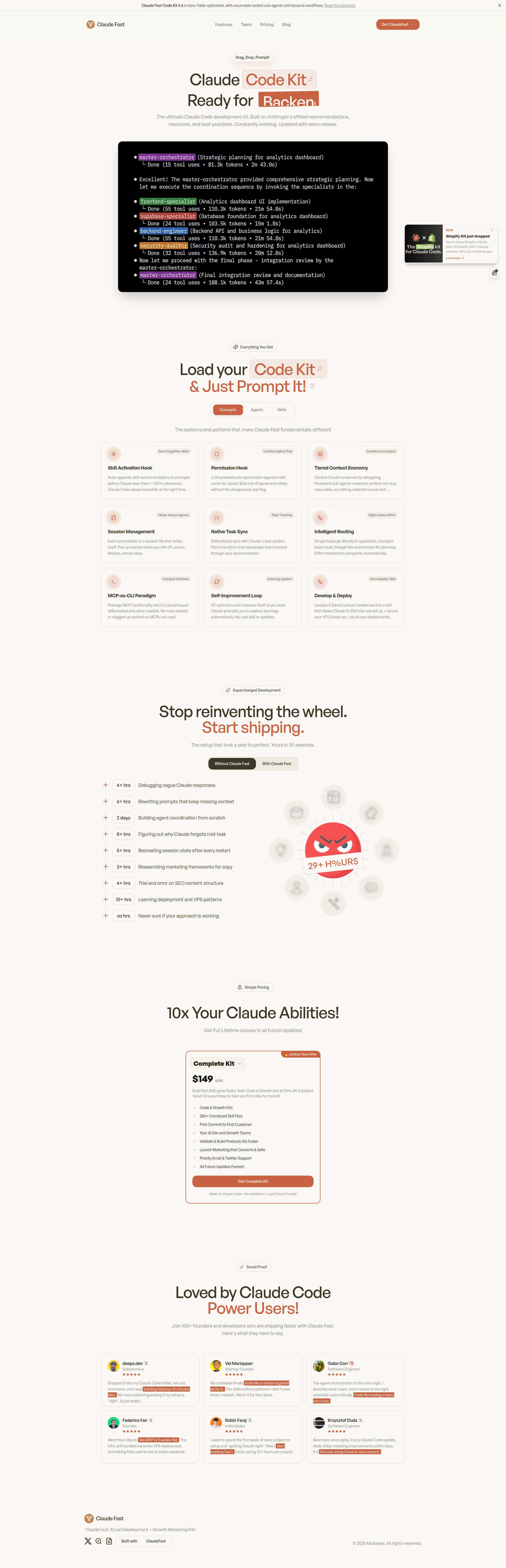 Landing page screenshot for claudefa.st, 1920 by 5954 pixels