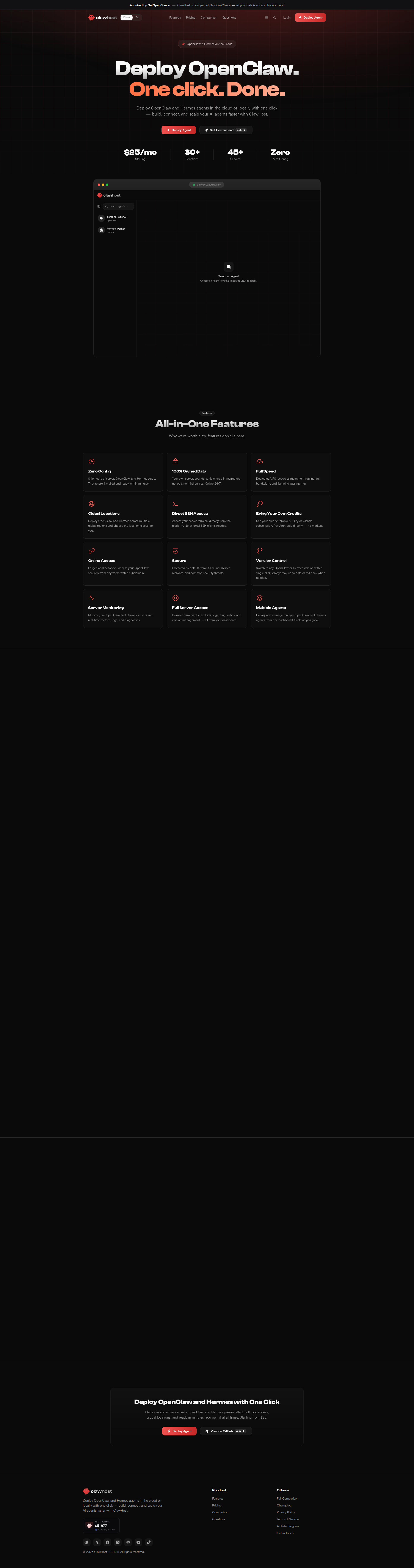 Landing page screenshot for clawhost.cloud, 1920 by 7261 pixels