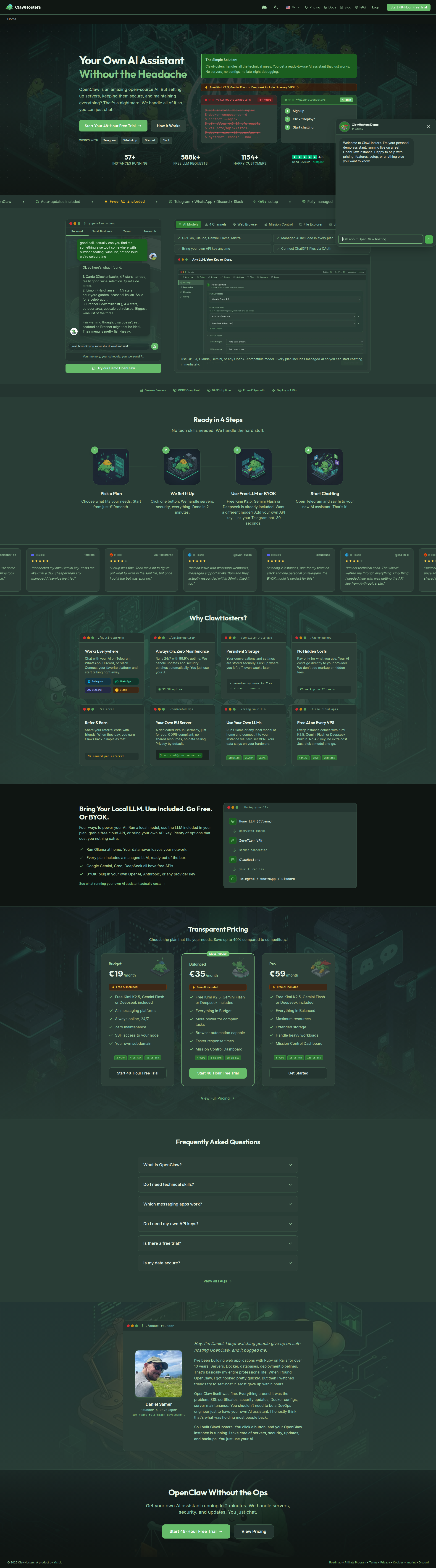 Landing page screenshot for clawhosters.com, 1910 by 6869 pixels
