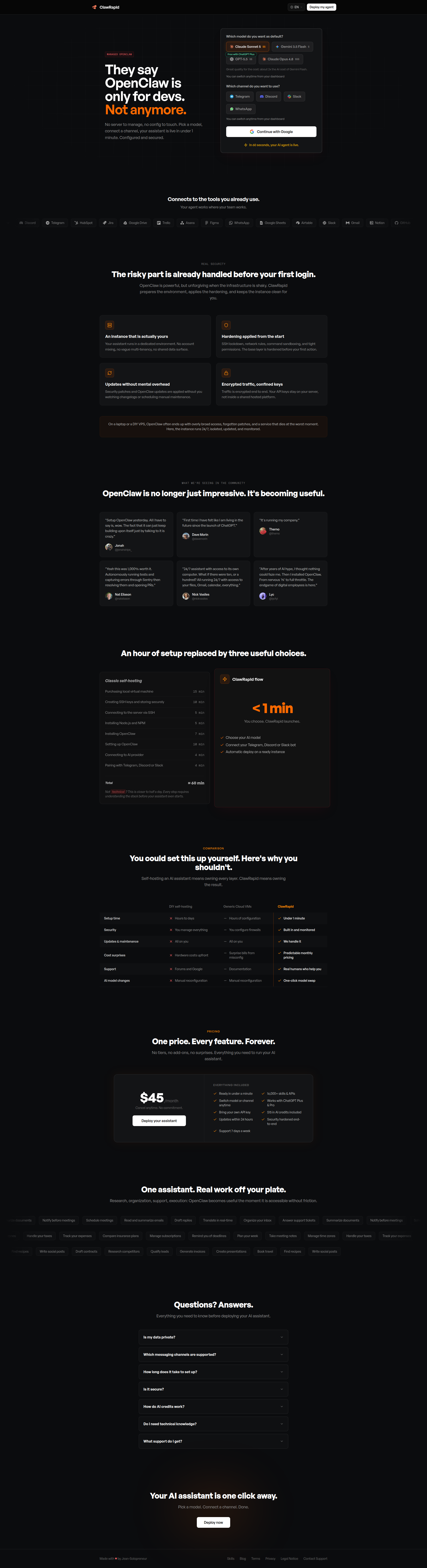 Landing page screenshot for clawrapid.com, 1920 by 7050 pixels