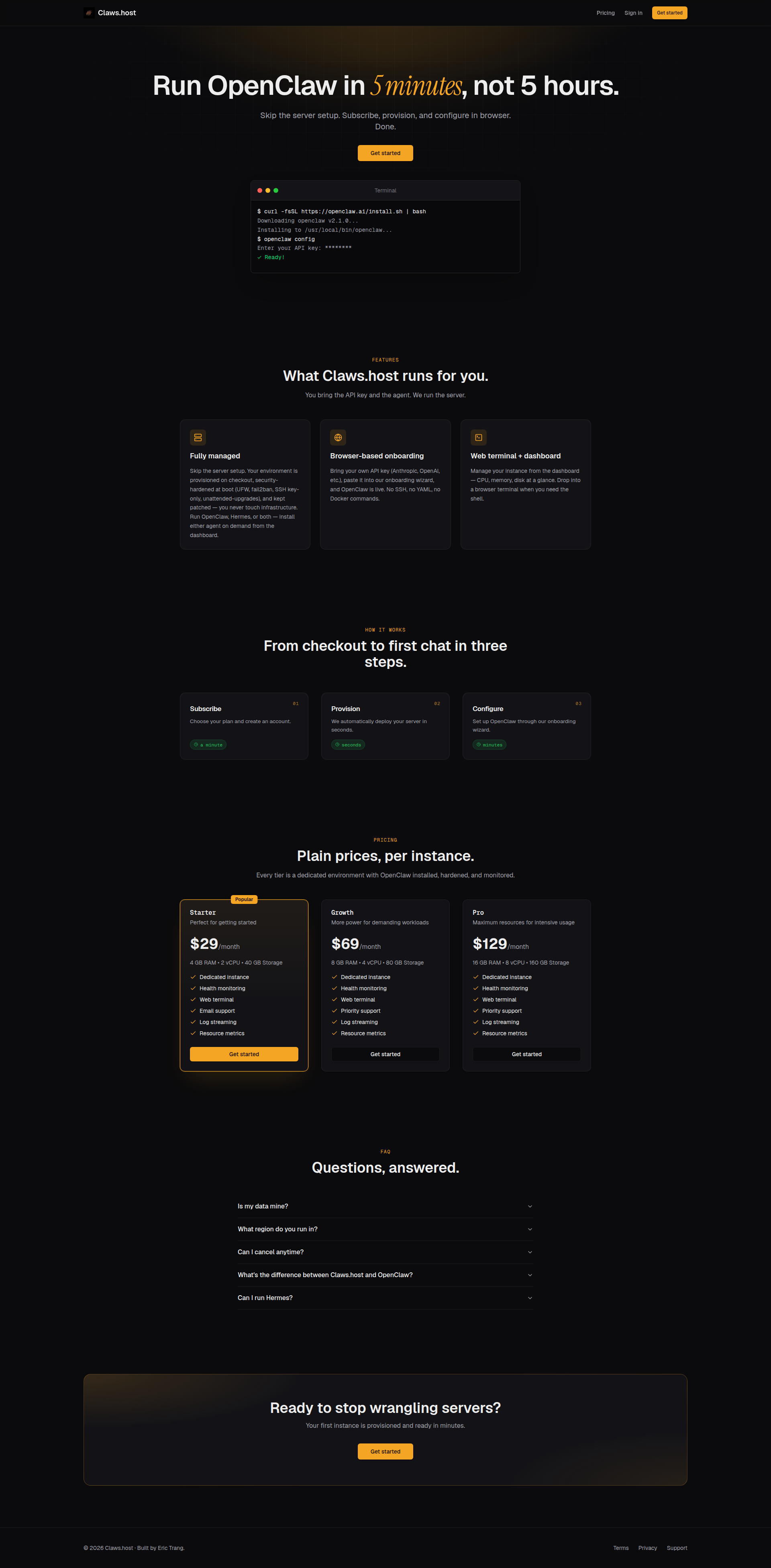 Landing page screenshot for claws.host, 1920 by 3903 pixels