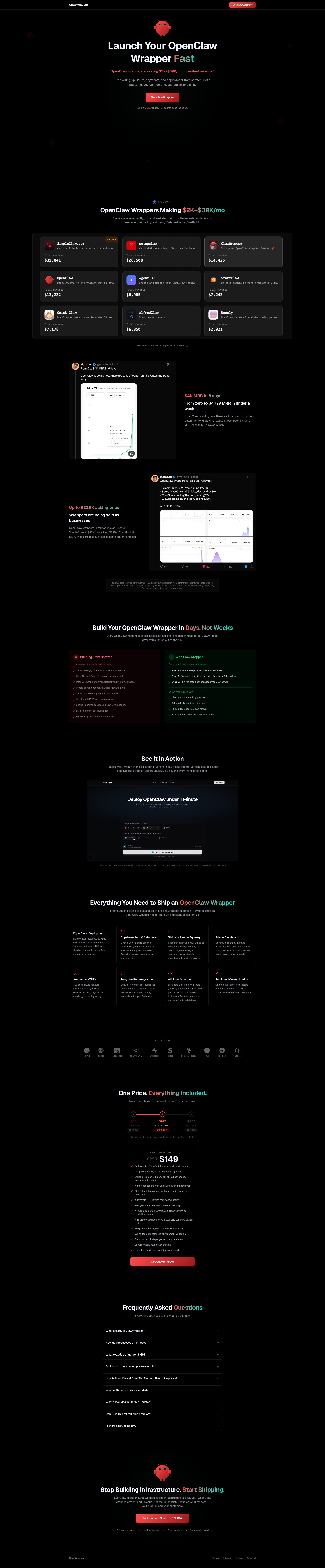 Landing page screenshot for clawwrapper.com, 1920 by 9246 pixels