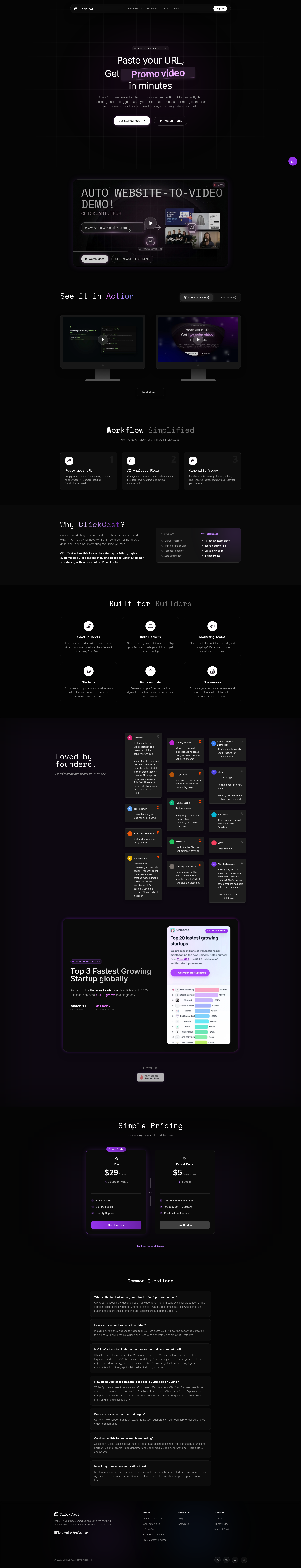 Landing page screenshot for clickcast.tech, 1920 by 9998 pixels