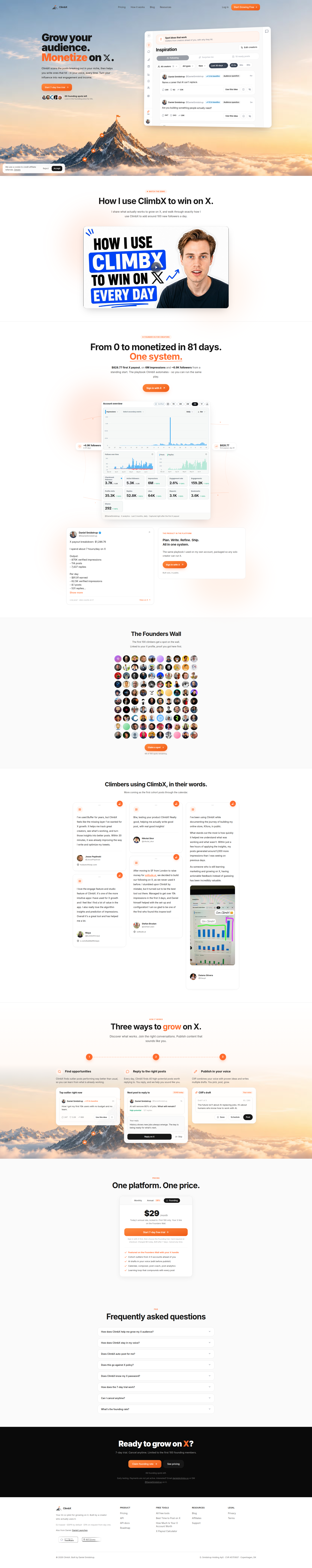 Landing page screenshot for climbx.so, 1920 by 9631 pixels