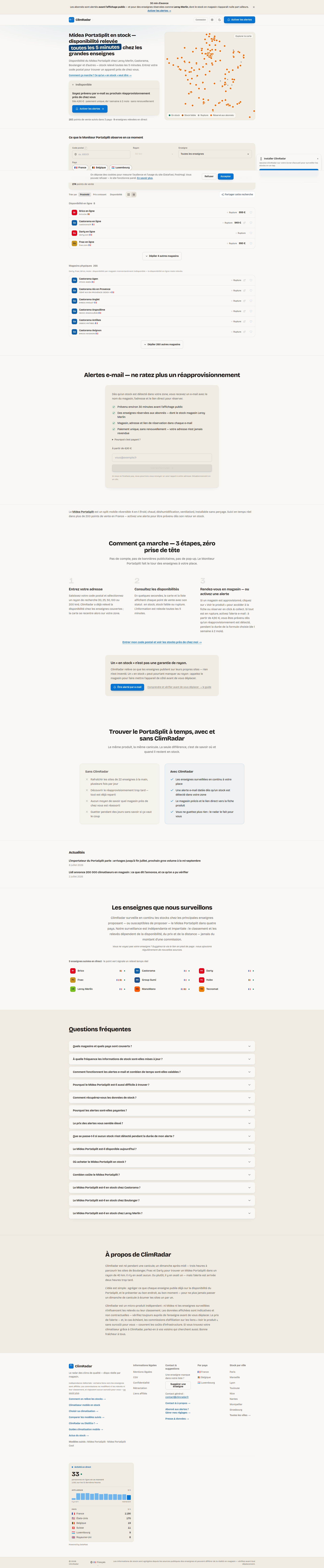 Landing page screenshot for climradar.fr, 1920 by 9275 pixels