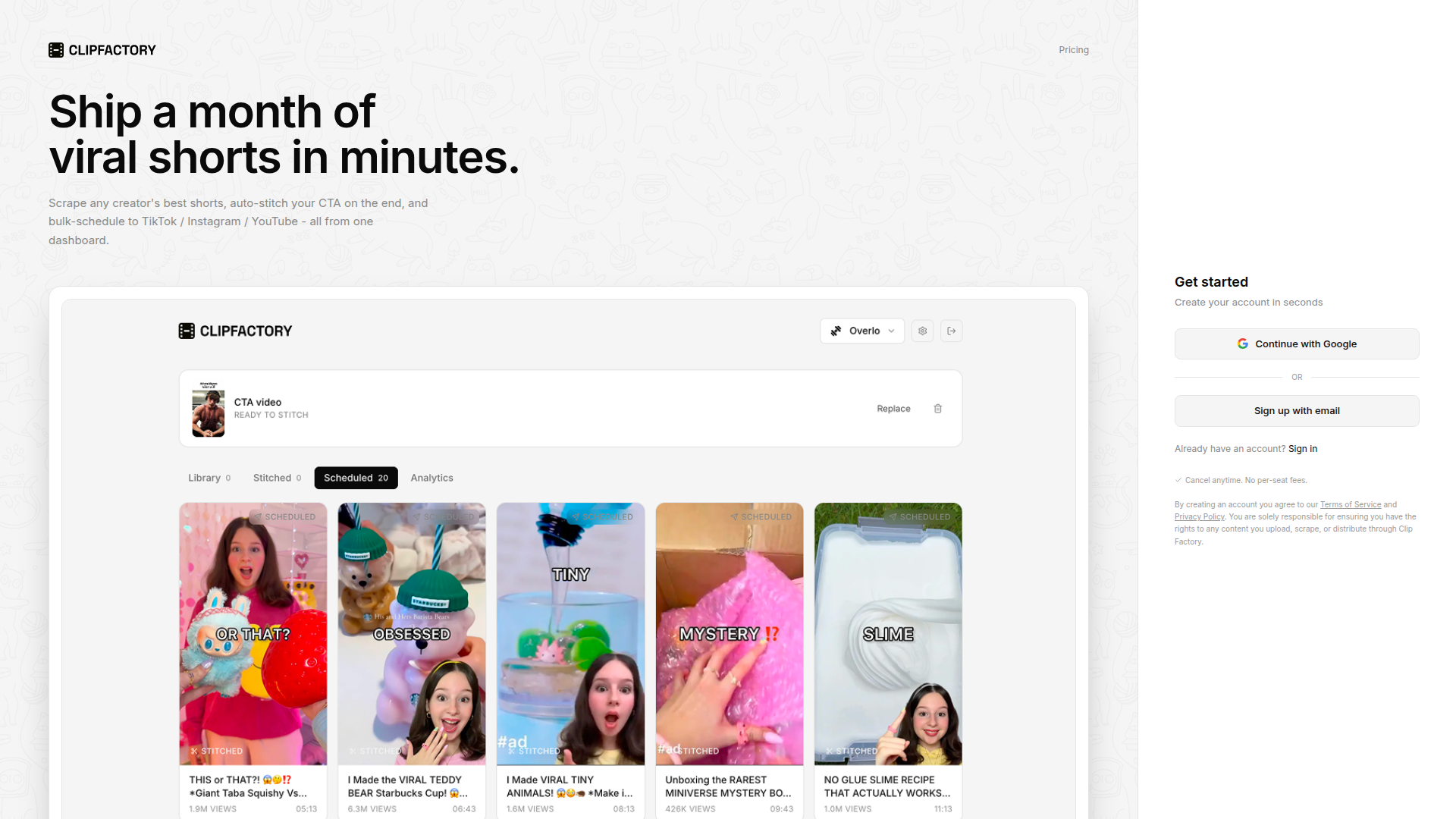 Landing page screenshot for clip-factory.app, 1920 by 1080 pixels