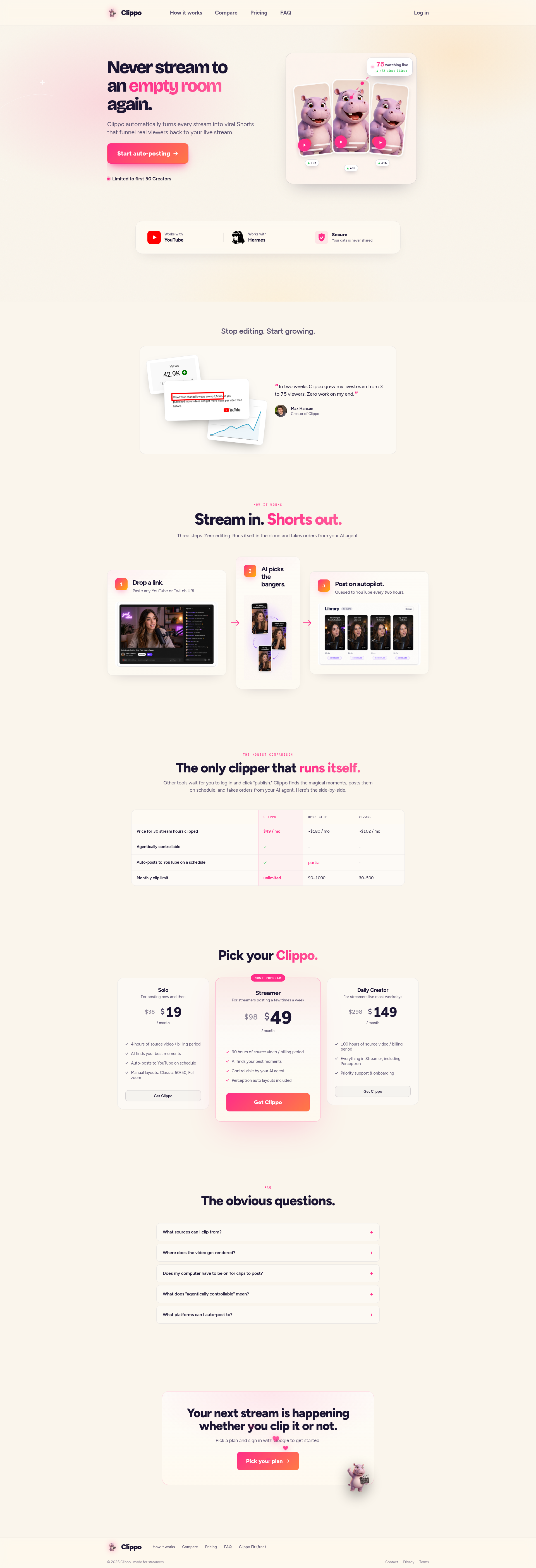 Landing page screenshot for getclippo.com, 1920 by 5615 pixels