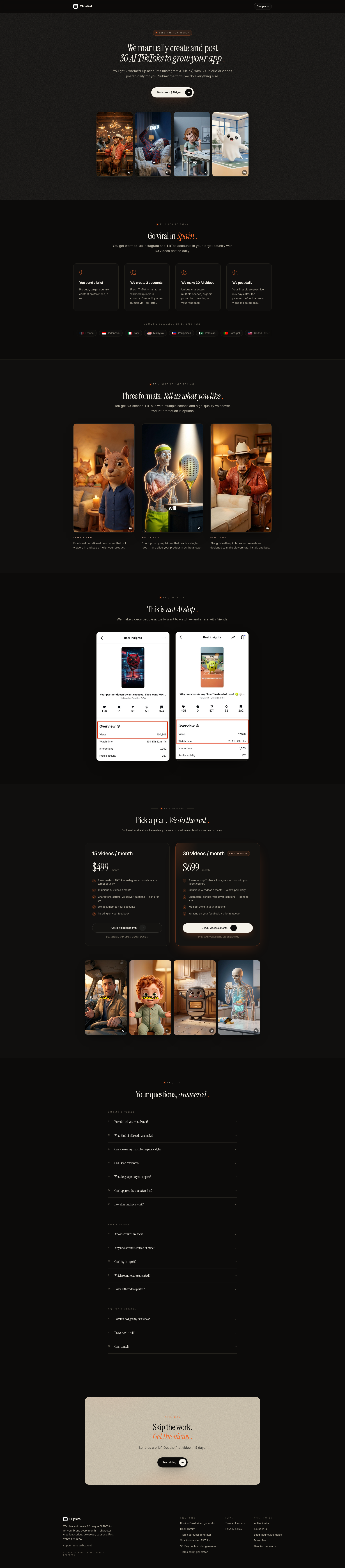 Landing page screenshot for clipspal.com, 1920 by 8719 pixels