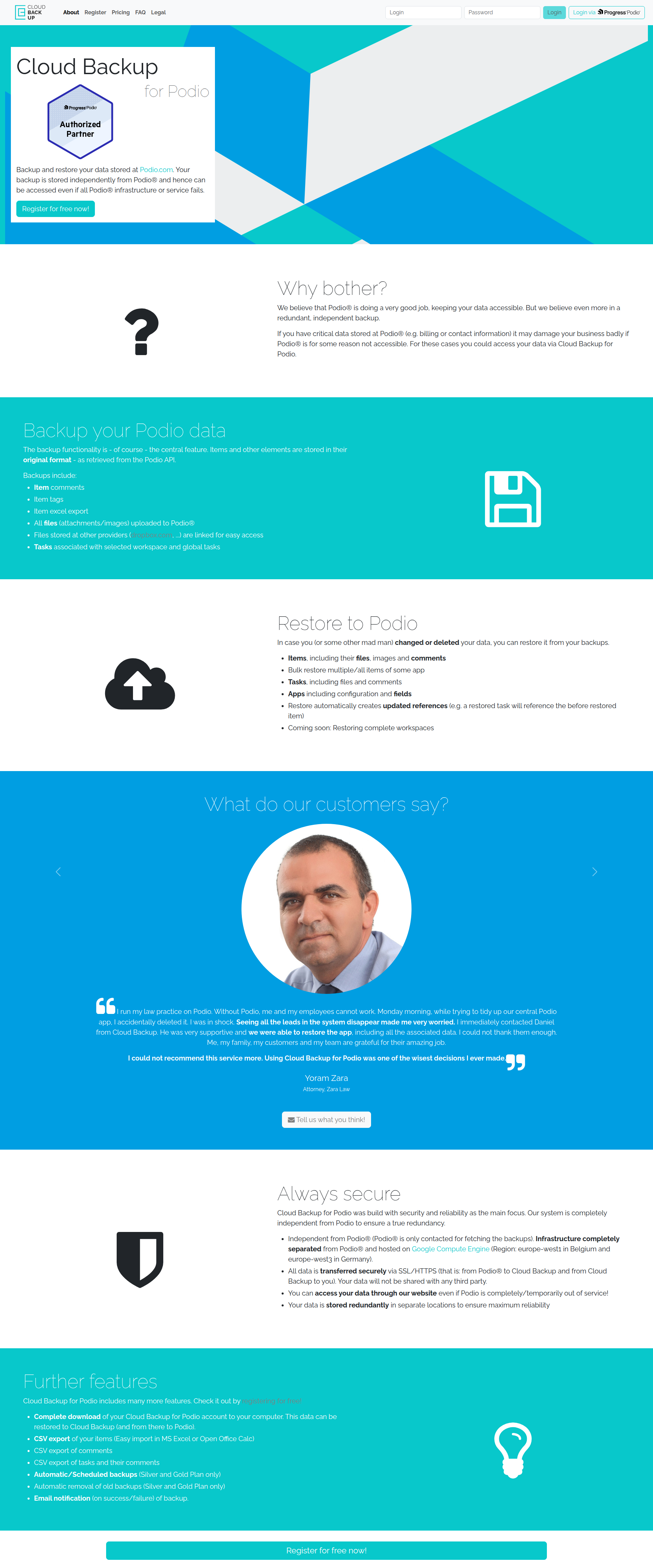 Landing page screenshot for cloud-backup-for-podio.com, 1920 by 4610 pixels