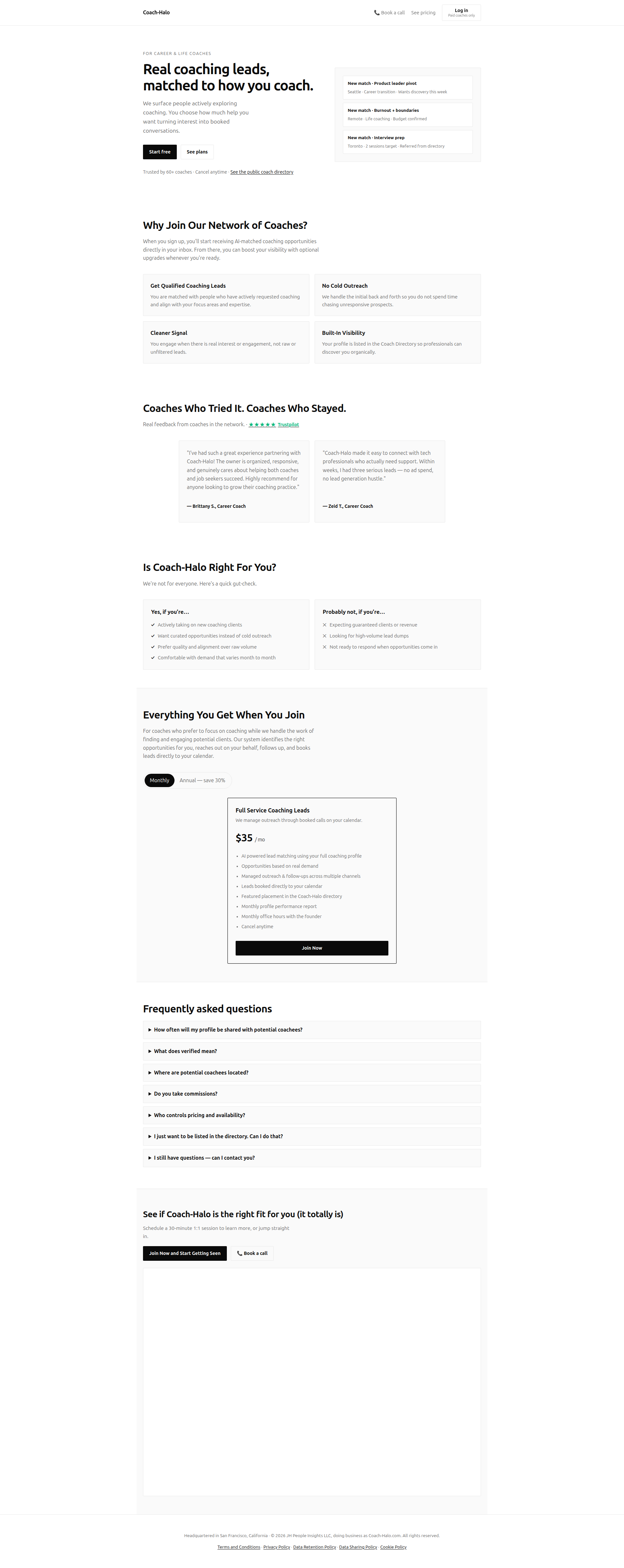 Landing page screenshot for coach-halo.com, 1920 by 4823 pixels