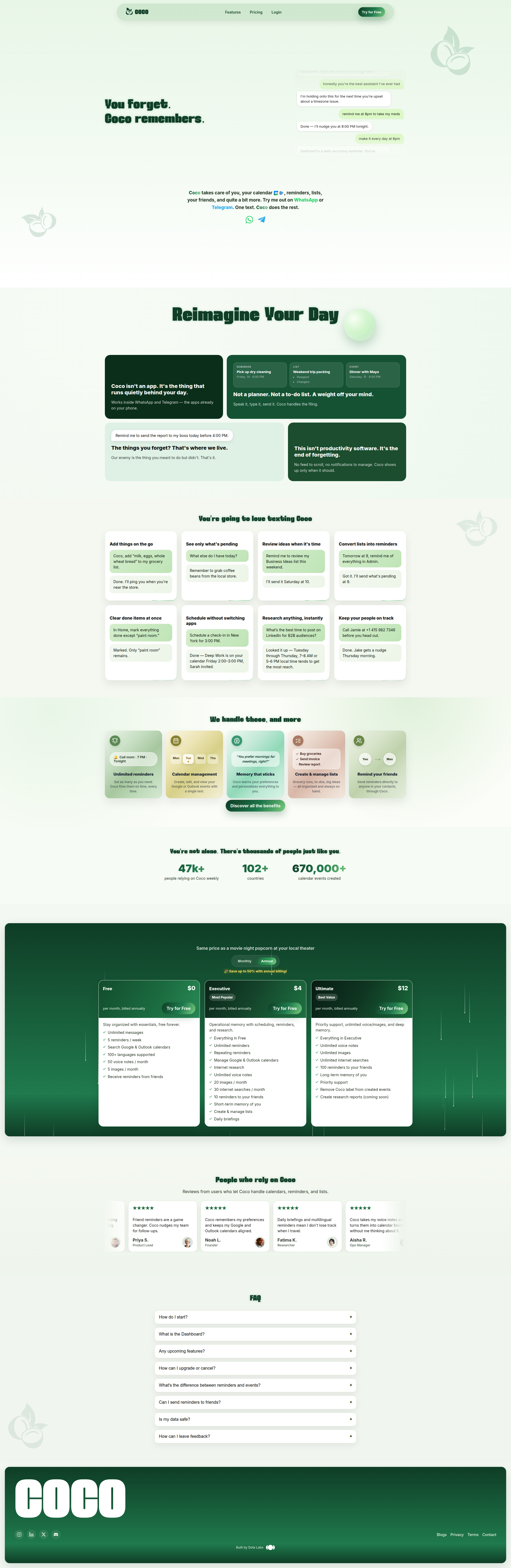 Landing page screenshot for textcoco.com, 1920 by 5889 pixels