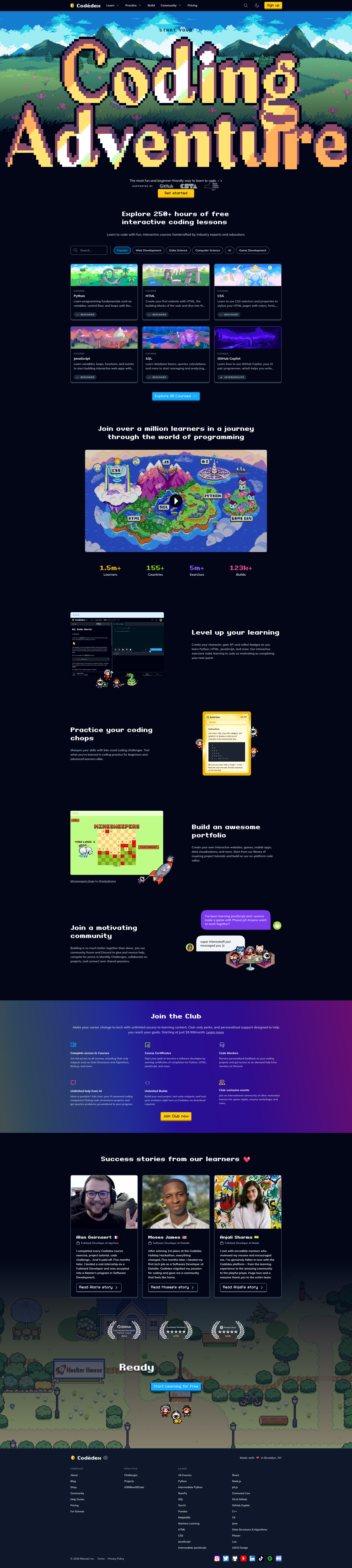 Landing page screenshot for codedex.io, 1920 by 8558 pixels