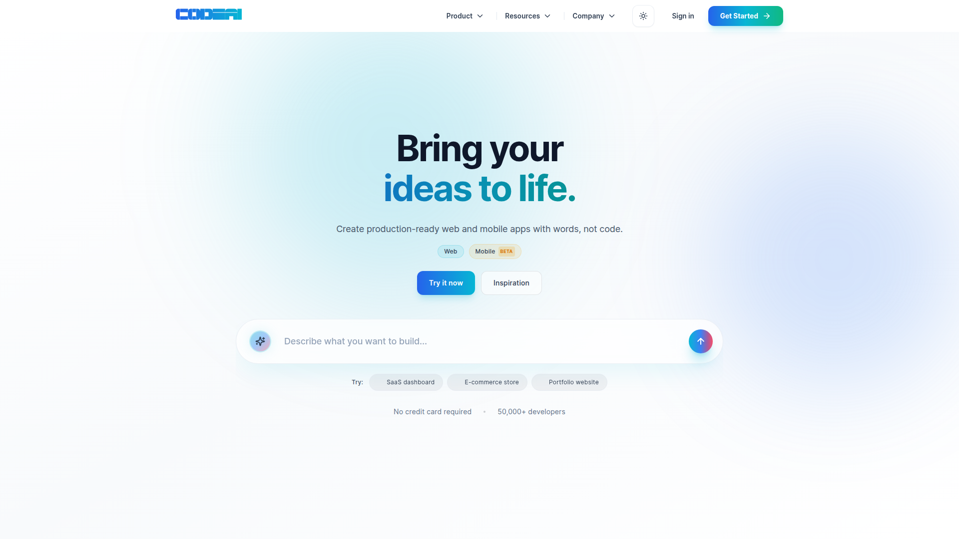 Landing page screenshot for codeai.studio, 1920 by 1080 pixels