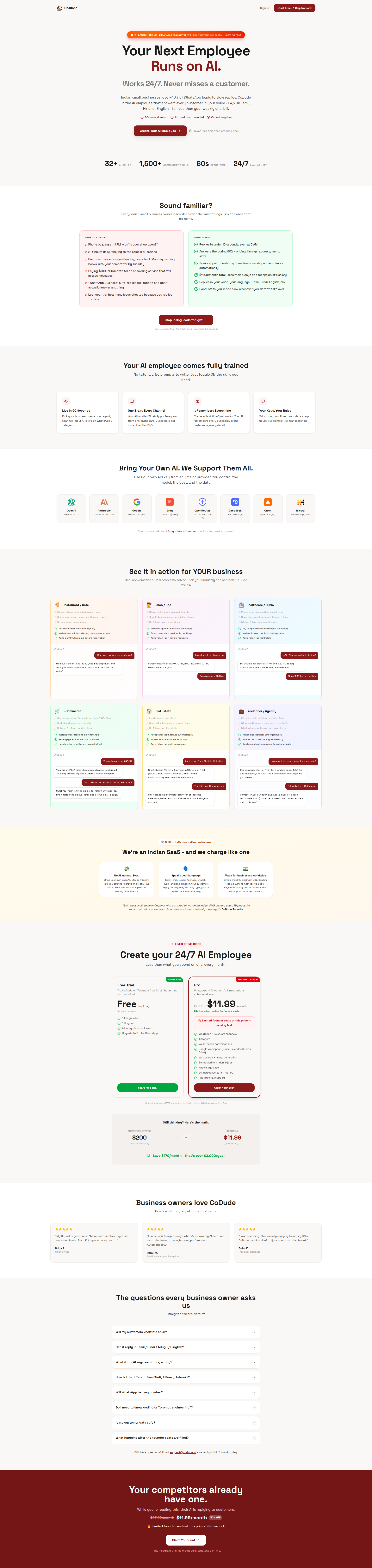 Landing page screenshot for codude.io, 1920 by 8099 pixels