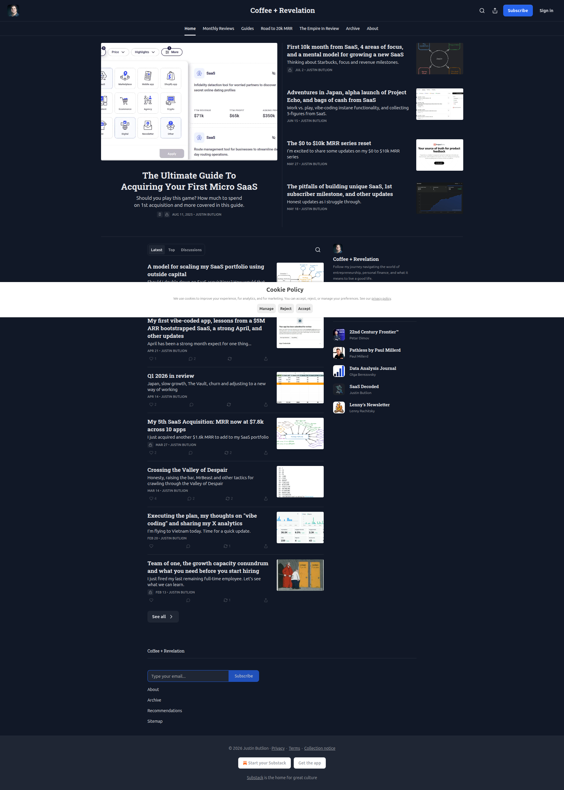 Landing page screenshot for justinbutlion.substack.com, 1920 by 2689 pixels